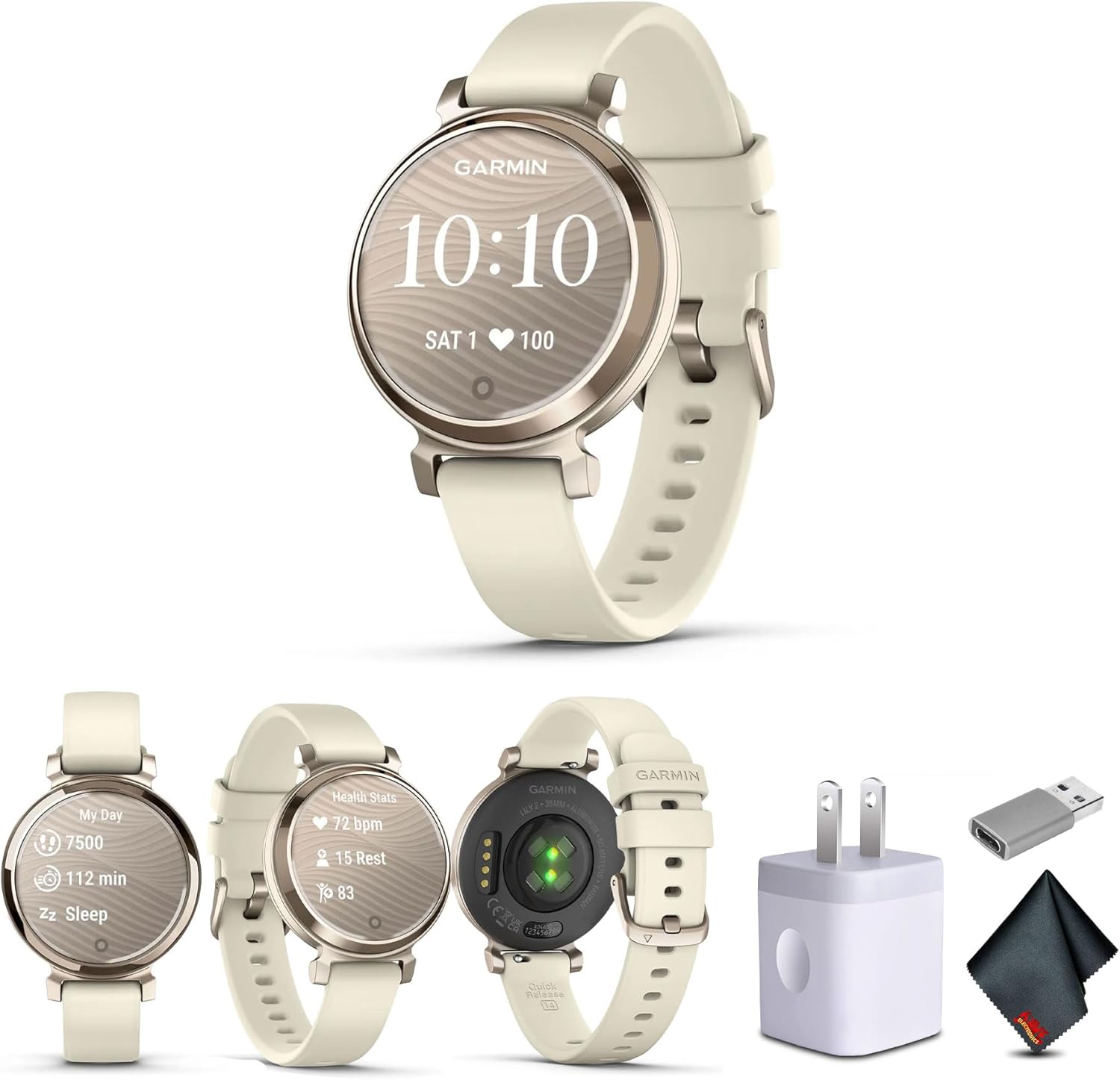 Garmin Lily 2 Small and Stylish Smartwatch Up to 5 Days Battery Hidden Display Patterned Lens Life Cream Gold with Coconut (010-02839-00) Health and Fitness Smart Watch Bundle for Women