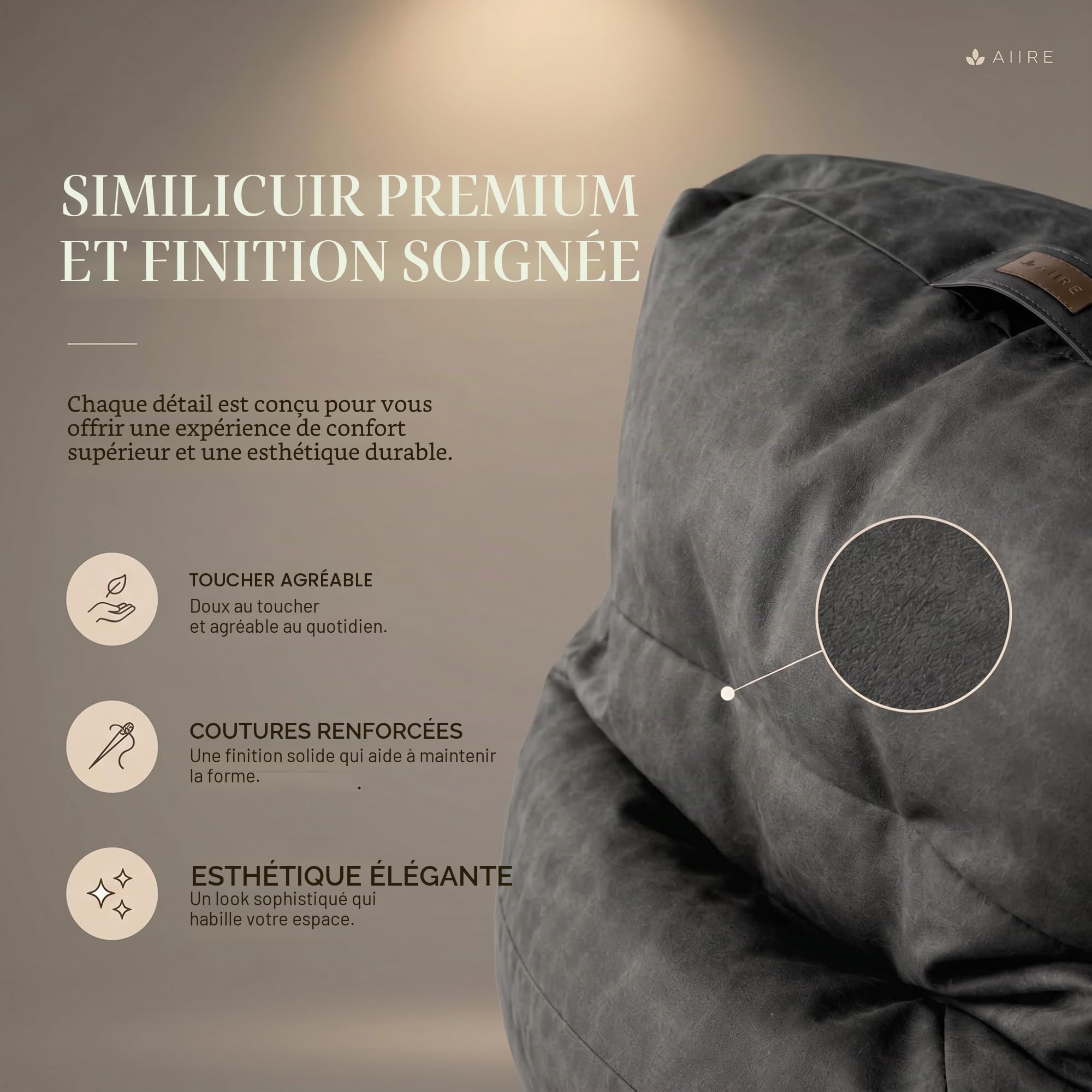 Aiire Fauteuil Pouf Salon Moderne - Pouffe Géant Interieur Adulte ou Ado avec Remplissage pour Décoration de la Chambre – Gros Bean Bag XXL ou Coussin de Sol Gris Foncé