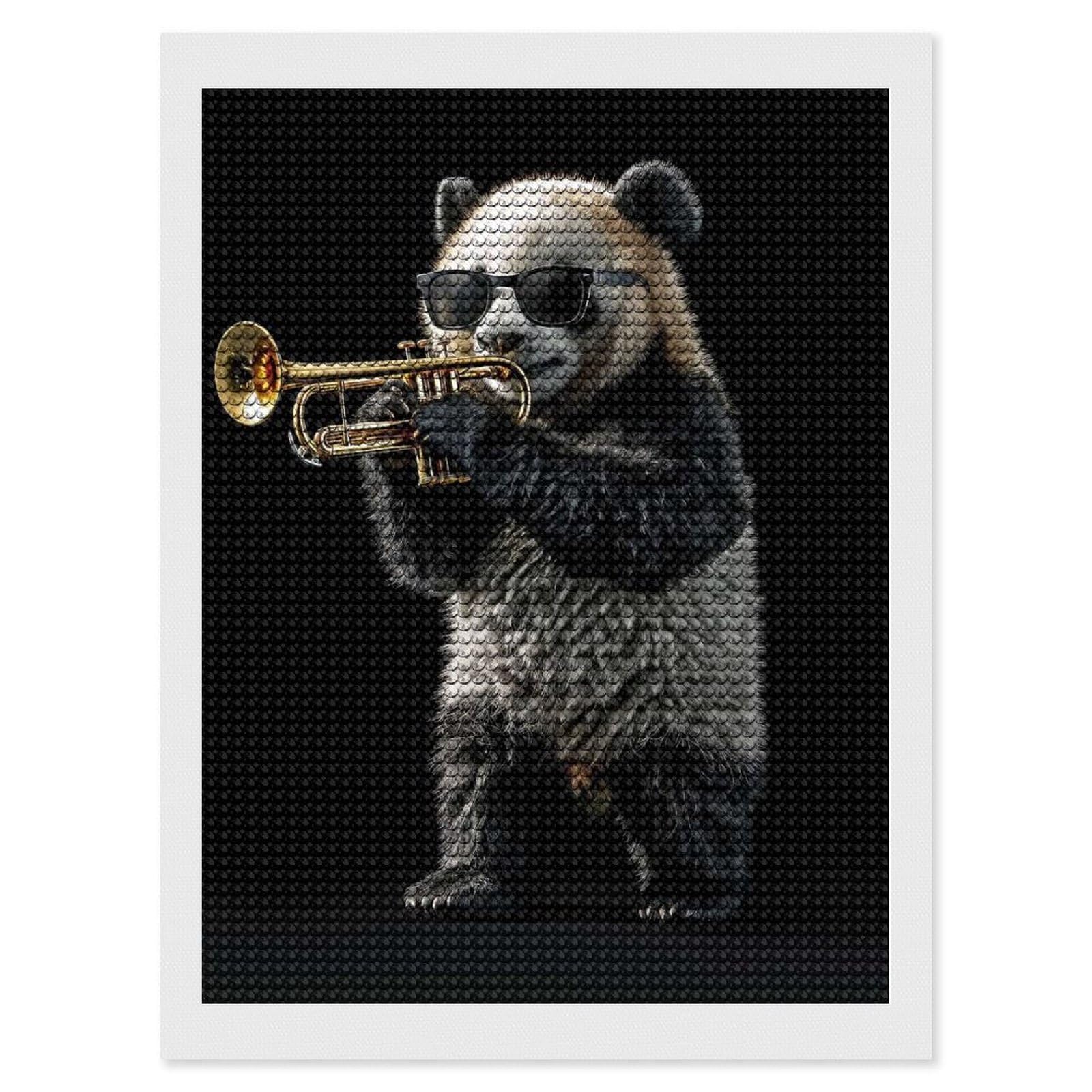 Junmoney Panda Trumpet Diamond Art Canvas 12"x16", for Family Craft Time, Creative Leisure Activity, Living Room Decor, Festive Craft Gift