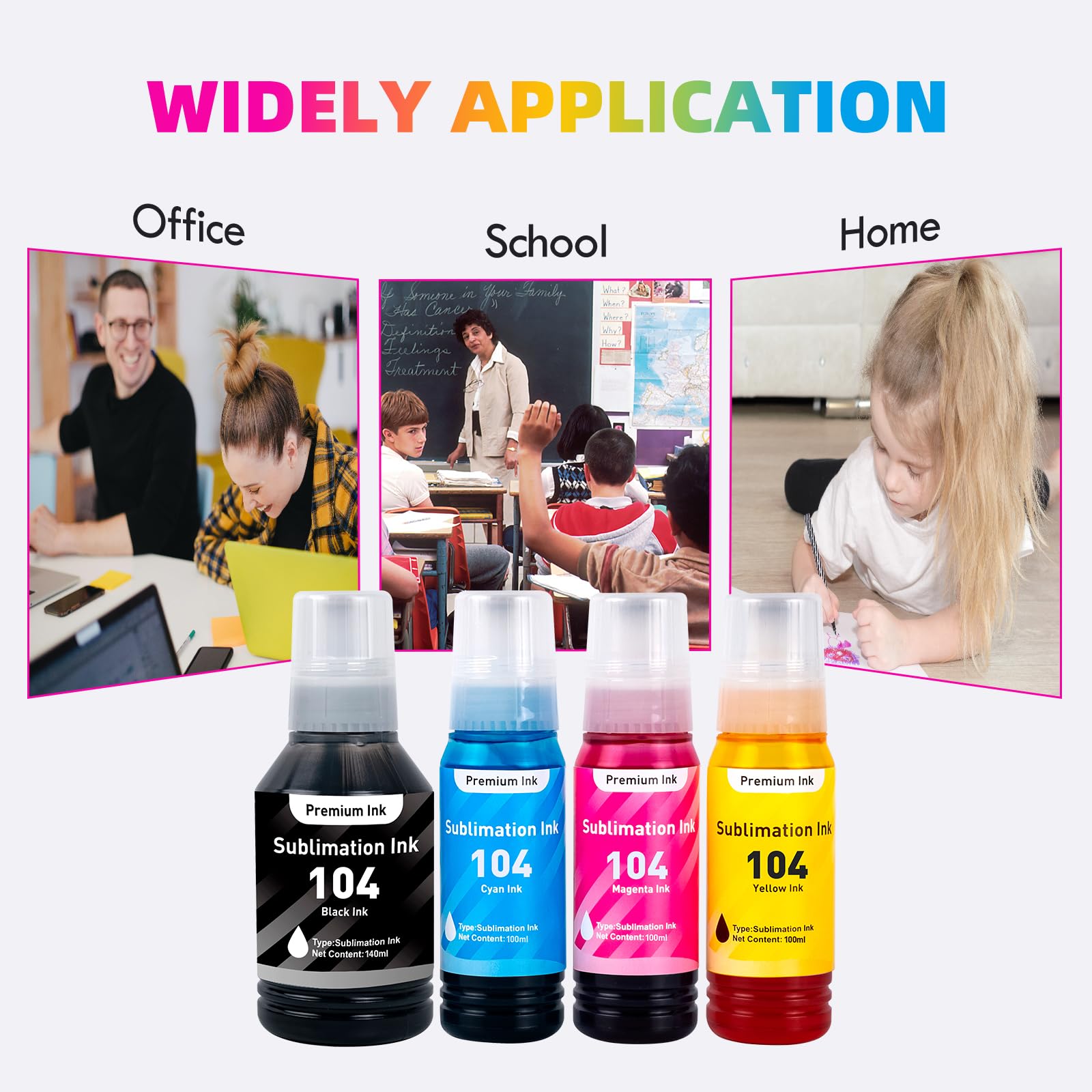 E104 Kit de recharge d'encre de sublimation compatible avec Epson Ecotank ET‑2711 ET-1810 ET-2710 ET-2861 ET-2862 ET-2712 ET-2714 ET-2715 ET-2720 ET-2721 (1 40 ml BK, 100 ml de couleur)