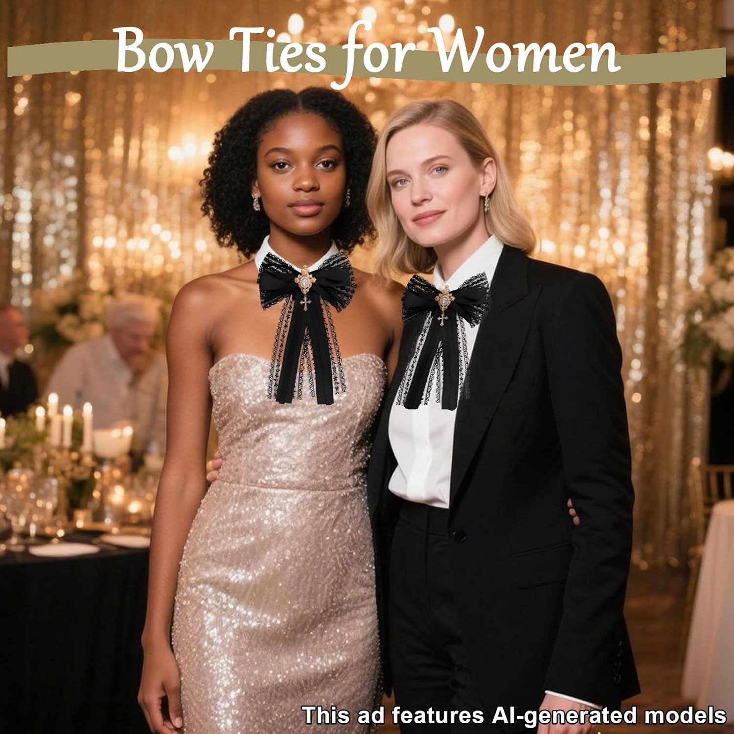 Bow Ties for Women, Lace Tie with Crystal Women's Bowtie for Prom