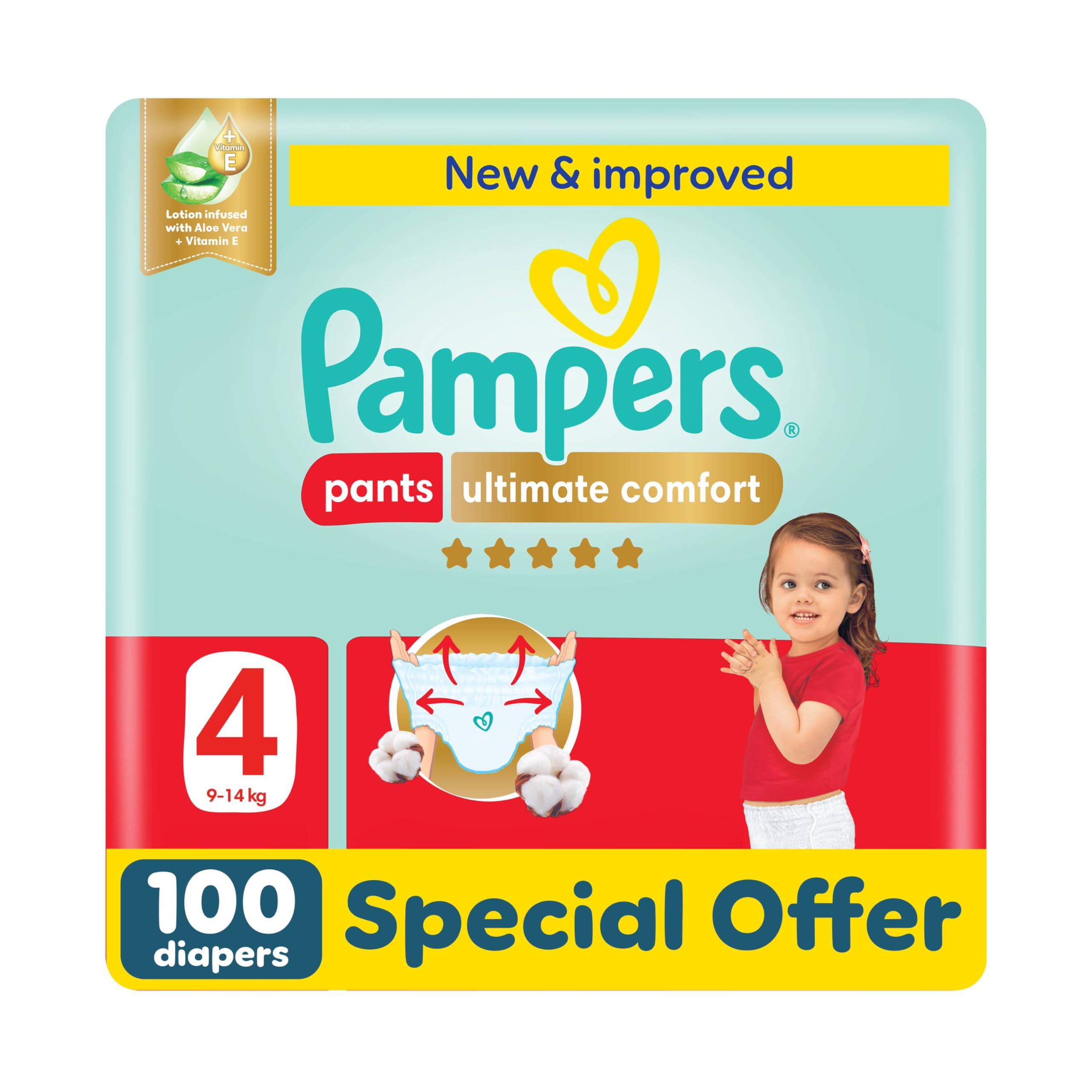 Pampers Ultimate Comfort Pants Diapers, Size 4, 9-14kg, Lotion infused with Aloe Vera and Vitamin E, Cottony Soft Fit for up to 100% Leakage Protection, Super Saving Pack, 100 Count