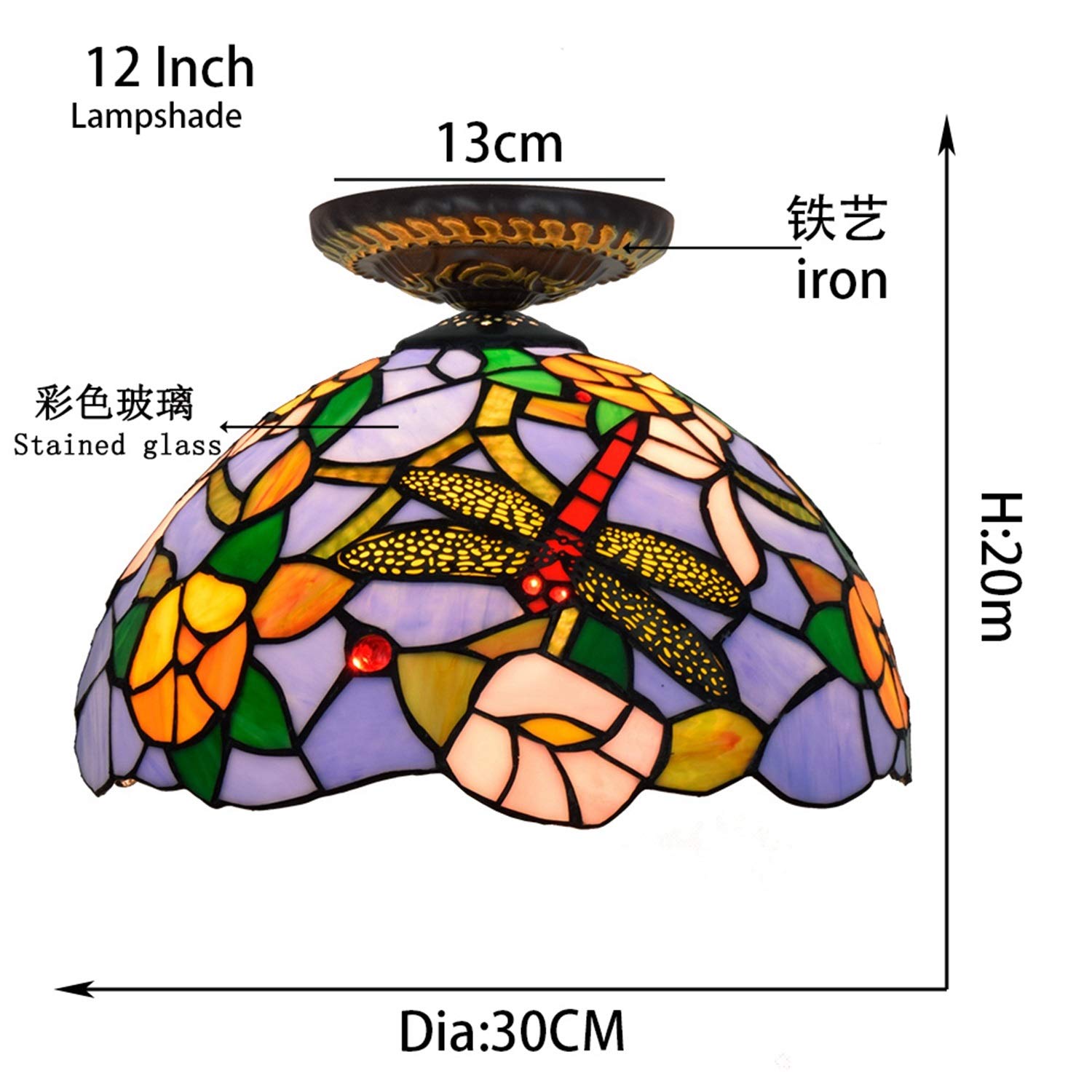 Oświetlenie Sufitowe Z Witrażem 12" Lampy Sufitowe W Stylu Tiffany Z Kloszem W Kształcie Ważki Do Salonu