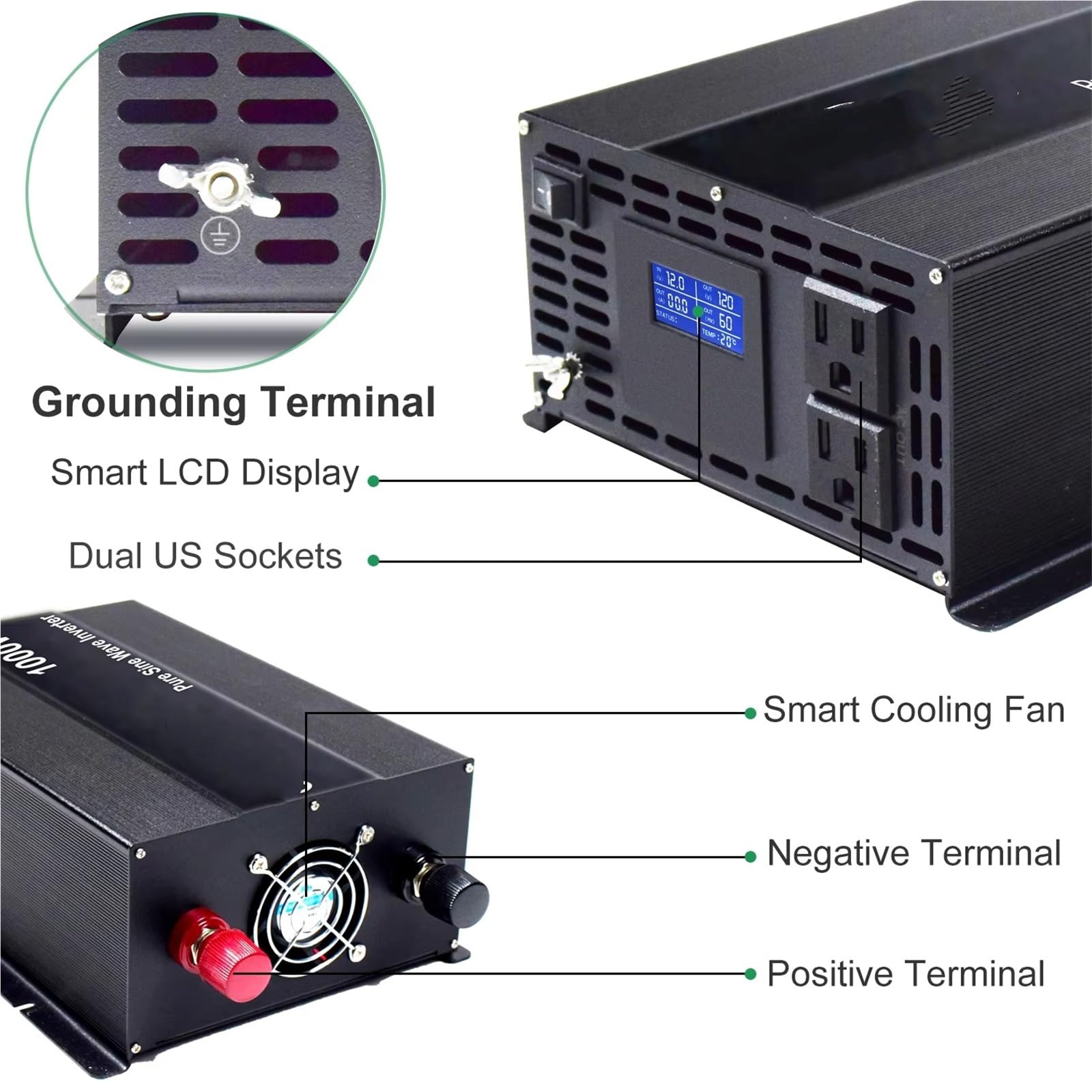 Inversor Inversor Solar Onda Sinusoidal Pura 2000W Potencia Máxima 1000W 12V/24V/36V/48V CC A 120V/220V/230V/240V CA Convertidor Voltaje(12V,100V)