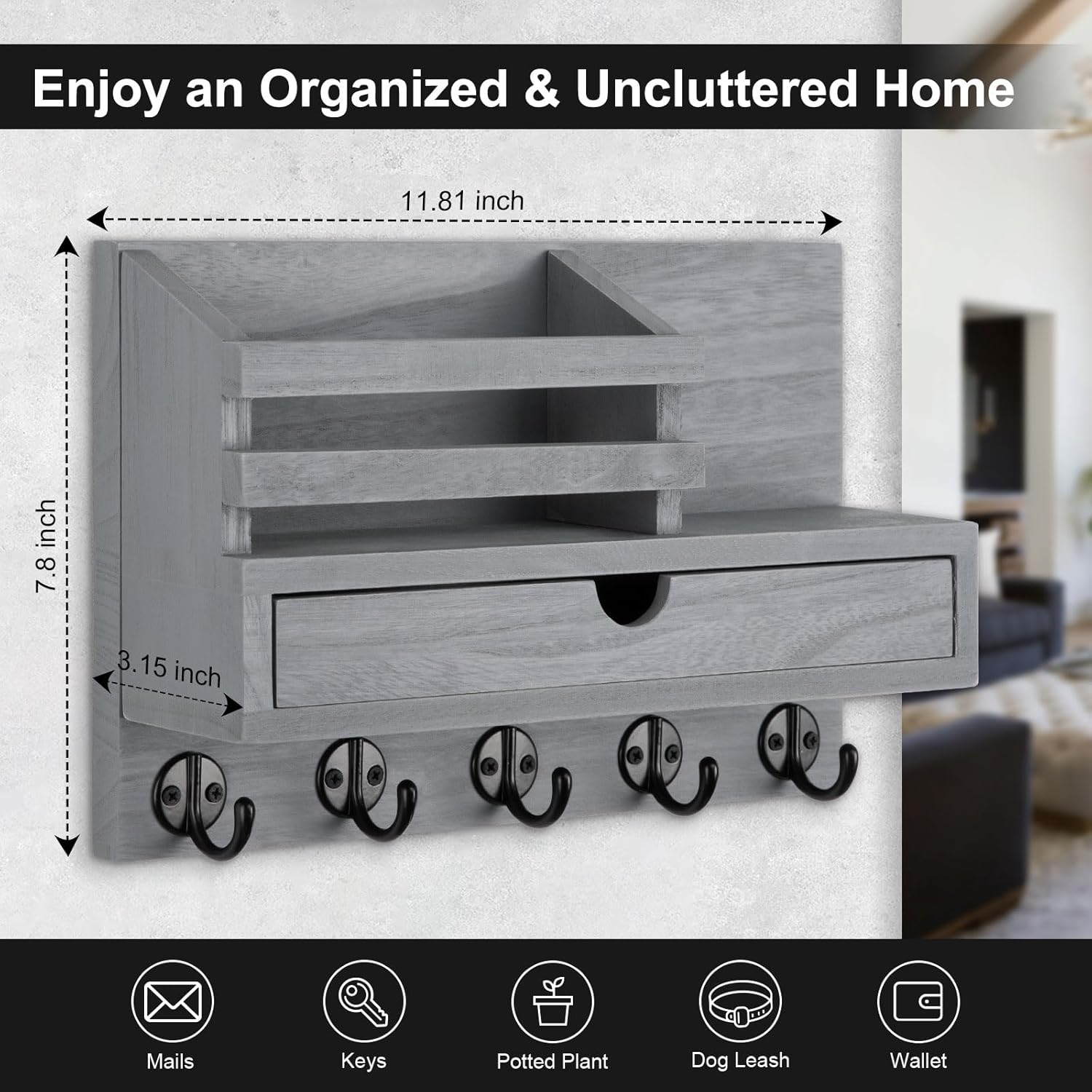 Key Holder Wall Mount, Mail Holder with Storage Drawer and 5 Key Hooks for Coat, Dog Leash, Home Decor Rack, House Accessories, Entry Way Organizer (Gray)