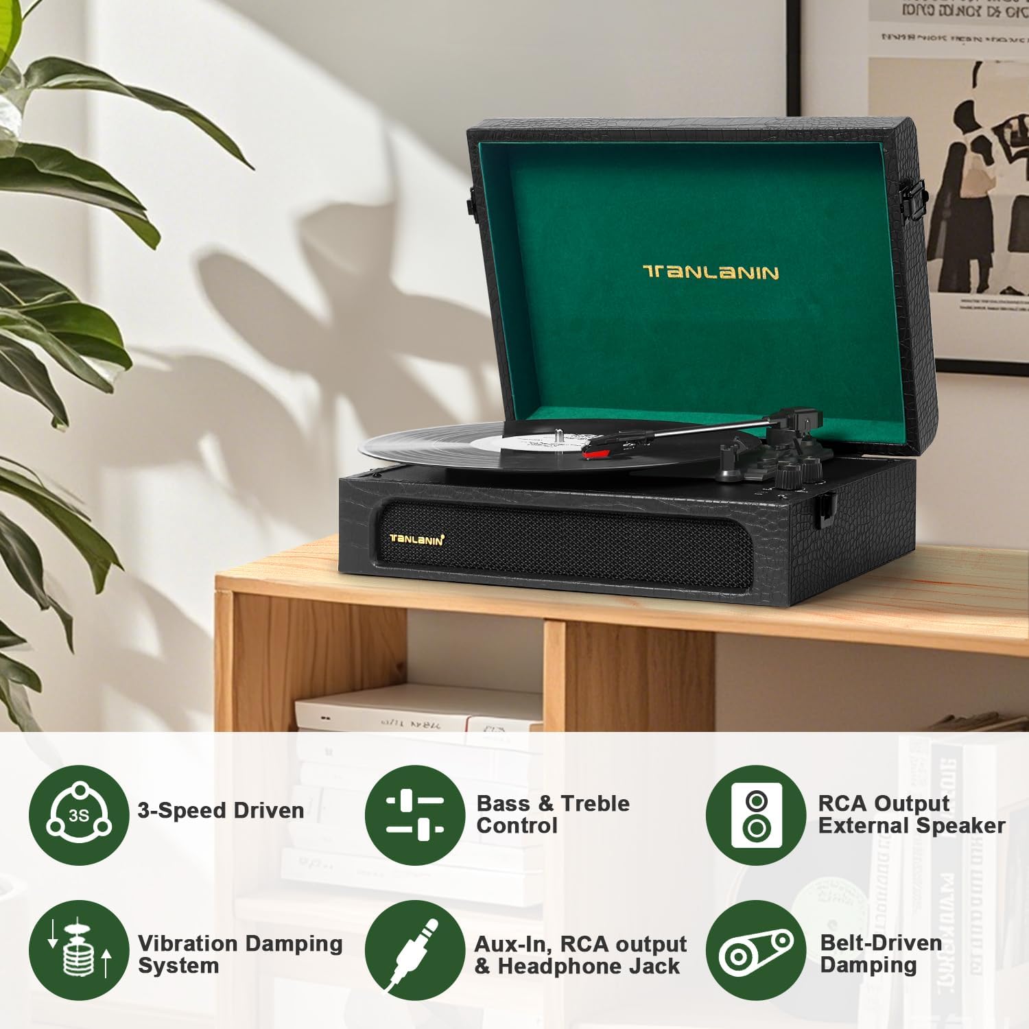 Vinyl Record Player Bluetooth with Built-in Speakers, Bass/Treble Control, Vintage Portable Turntable Support AUX/RCA Output, Black & Green（Alligator Pattern）