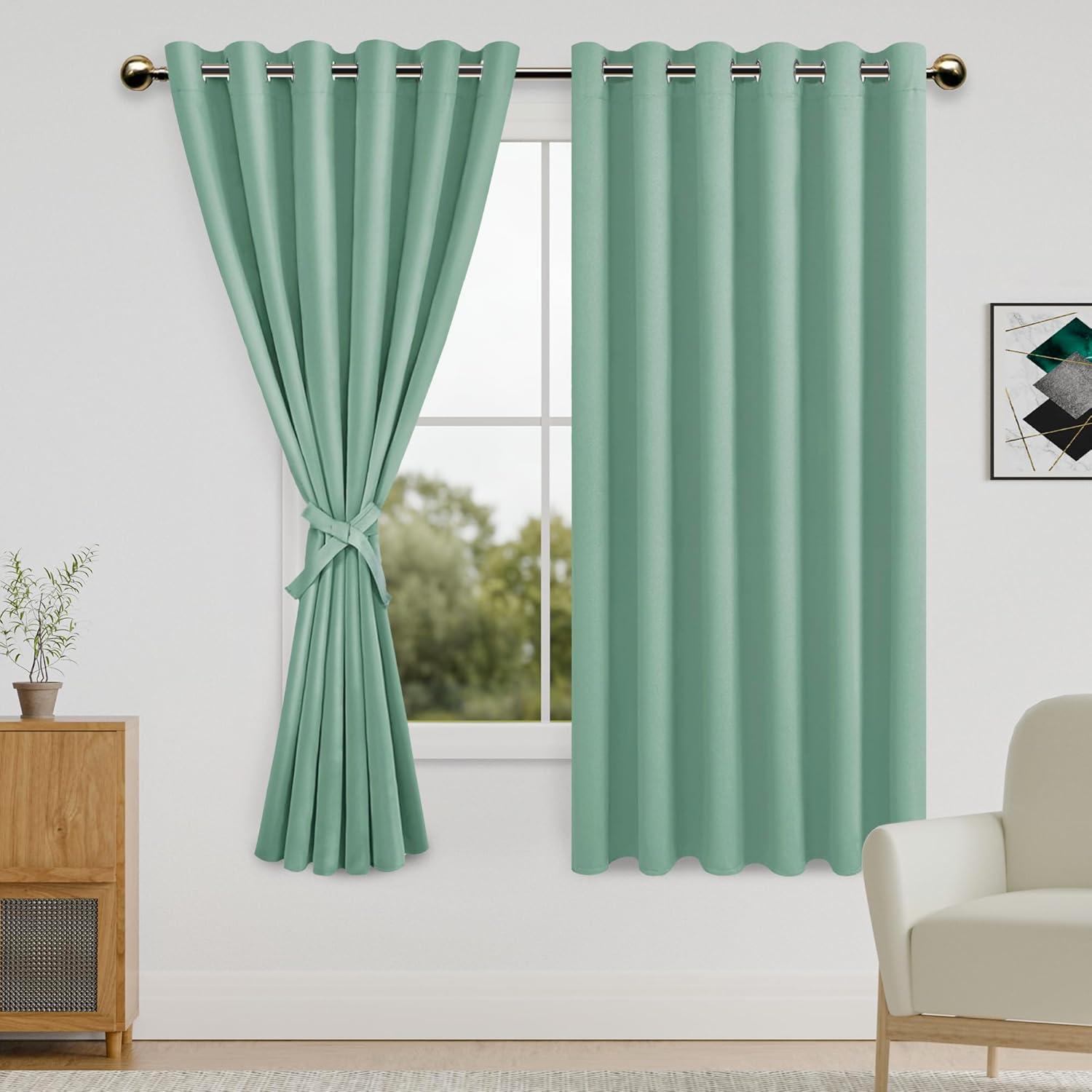 DWCN Blackout Curtains for Bedroom with Tiebacks - Room Darkening Privacy Grommet Top Window Curtains for Living Room, 70 x 63 inch Length,Sage Green,Set of 2 Panels