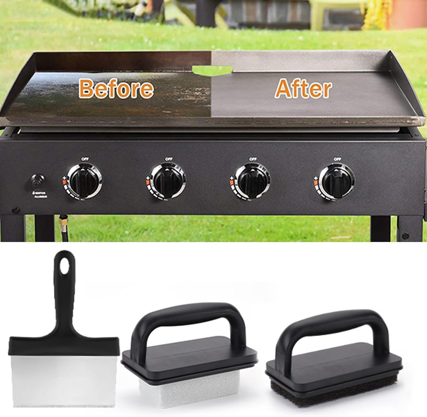 YOXIER Blackstone Ceaning Kit,Griddle Cleaning Kit,Heavy Duty Grill Cleaner Kit with Grill Stone,Griddle Scraper,& Griddle Brush with Stainless Steel Handle Easy to Use Flat Top Cleaning Kit Sets