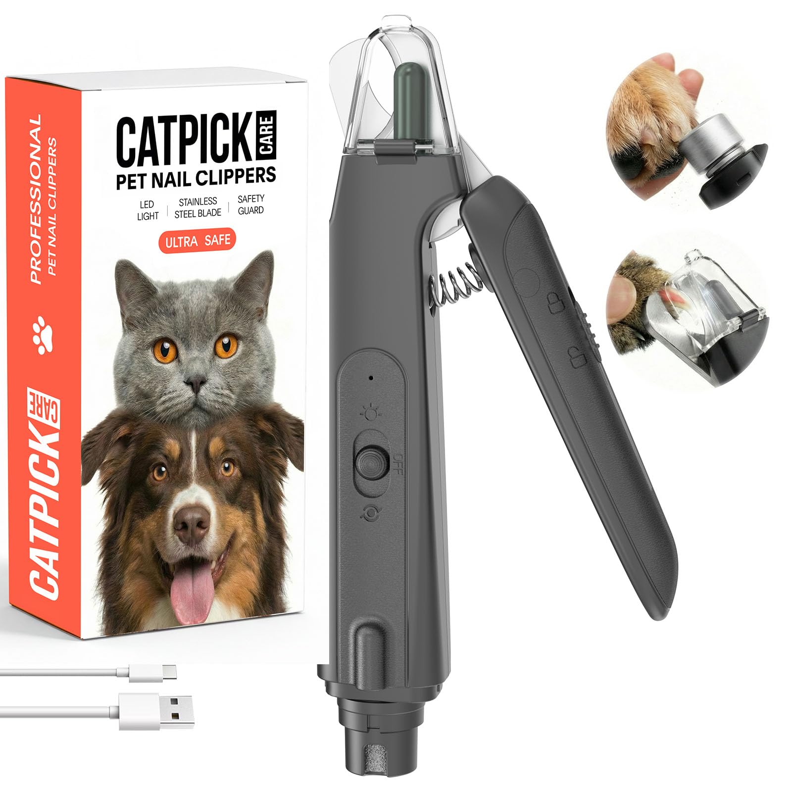 2-in-1 Dog & Cat Nail Clipper with Grinder - Dual Highlight LED Reduce Over-Trimming, Long Battery Cordless USB-C Rechargeable, Safety Lock & Catcher Cap, Quiet Home Grooming for Small Large Pets
