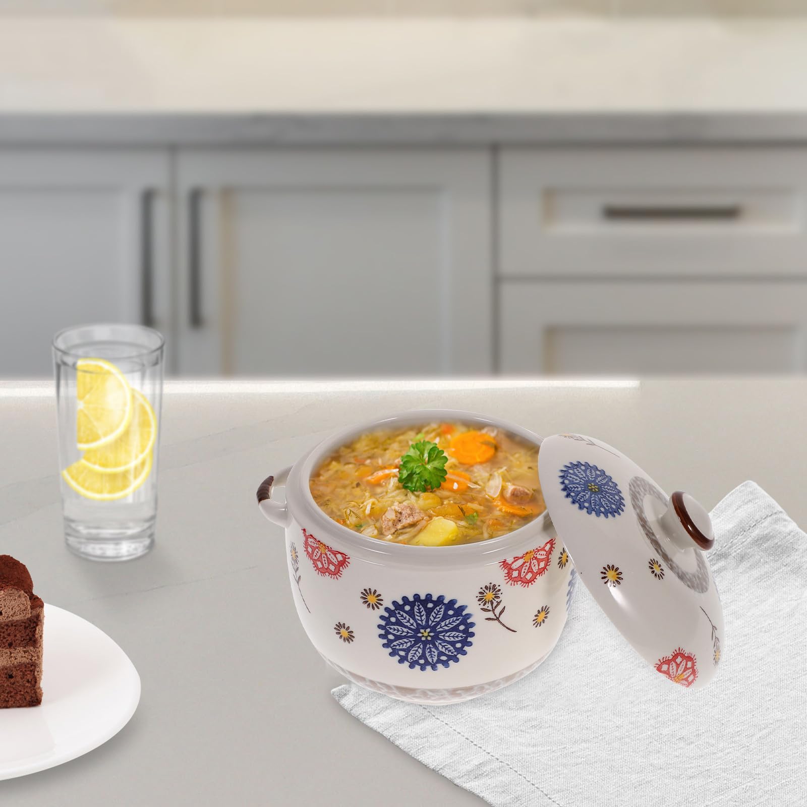 Zuppiera con Coperchio, senza Sbavature in Terracotta Design Giapponese da 1000ml e Tecnologia di Stampaggio Integrato e Decorazione Festiva per Cucina