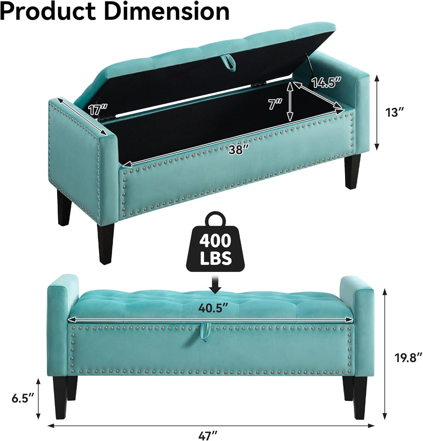 WUTUTUEE 47" Velvet Storage Bench, Upholstered Bed Bench with Storage, End of Bed Ottoman with Wooden Legs,Bedside Storage Bench for Bedroom, Living Room, or Entryway, Teal