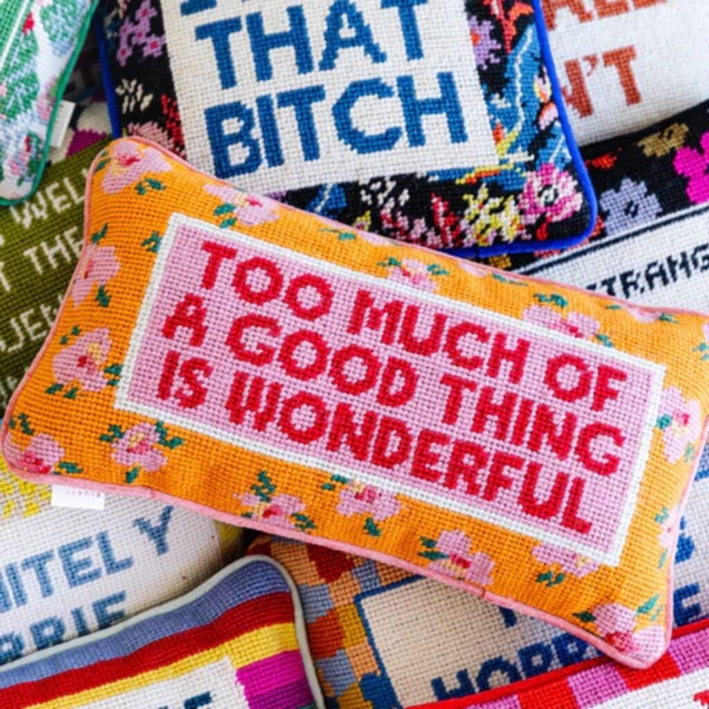 FURBISH Needlepoint Decorative Throw Pillow - Too Much - 8" x 14" - Small Embroidered Accent Pillow for Bed, Chair, Couch, Sofa - Eclectic Home Decor - Image 5