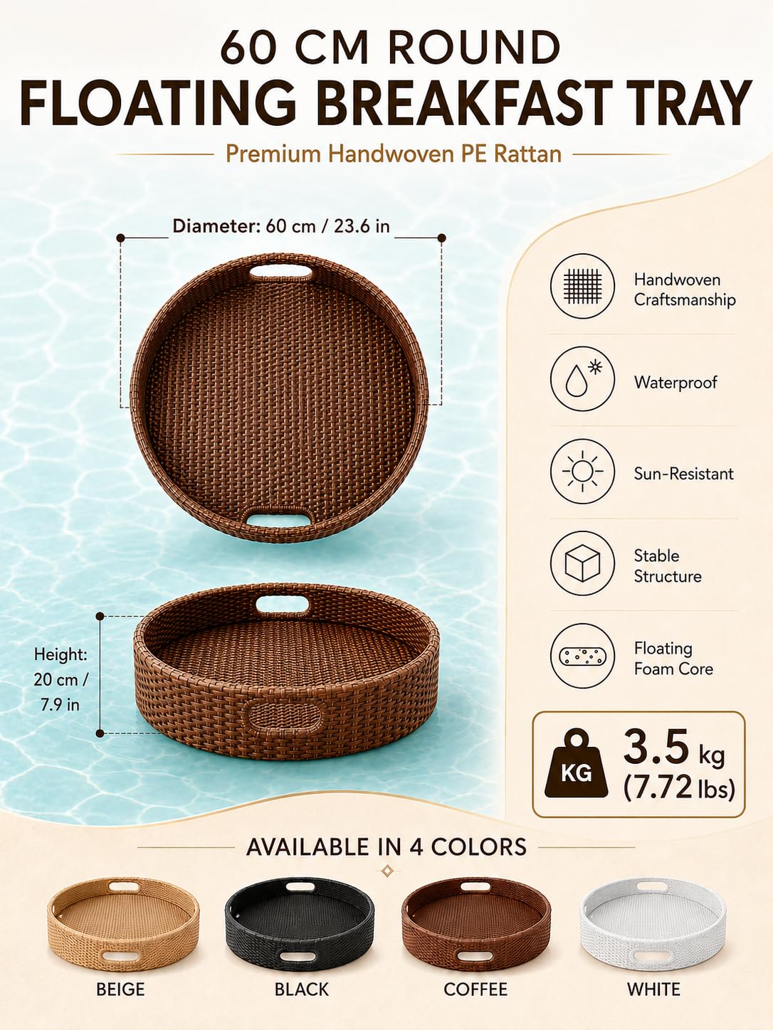 Vassoio Galleggiante in Rattan PE Intrecciato, 60 x 20 cm, 4 Colori RoundWhite | Telaio in Alluminio, Anima in Schiuma, Bordo Rialzato e Due Manici Resistono all’Acqua e si Puliscono Facilmente per la Spa.