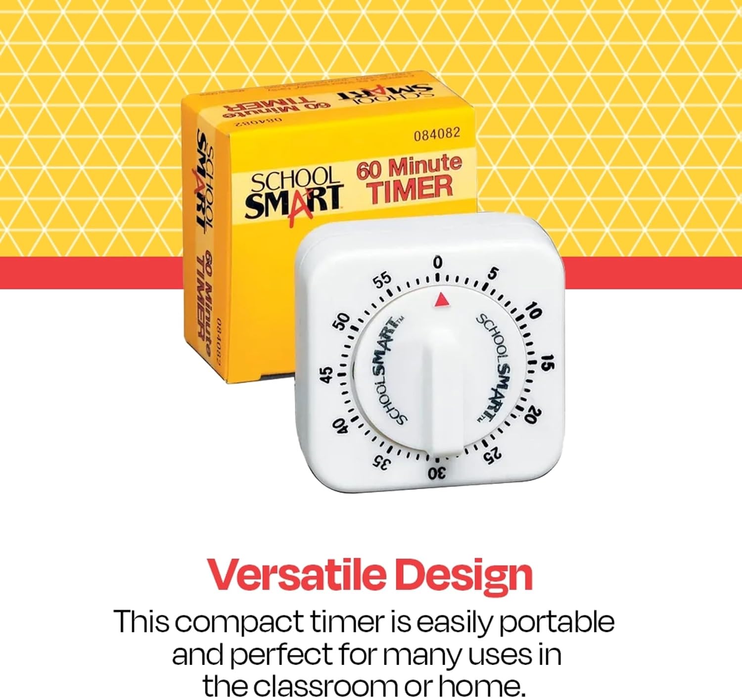 School Smart Small Timer with Bell, 60 min, 2-1/2 in W X 2-1/2 in H X 1-3/8 in D, White