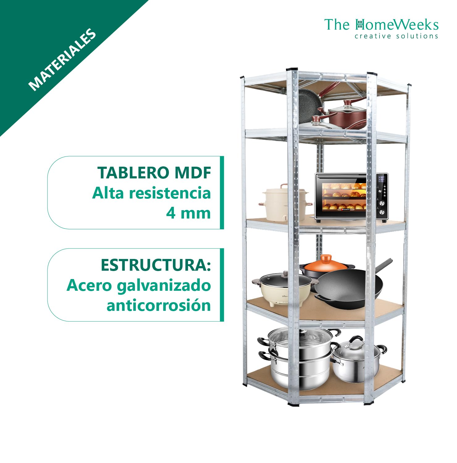The Homeweeks Estantería Almacenaje Esquinera Angular Metálica 180 * 70 * 40cm | Galvanizada Modular | 5 Baldas MDF | Montaje Suelo | sin Tornillos System Click & Push | Multiposición