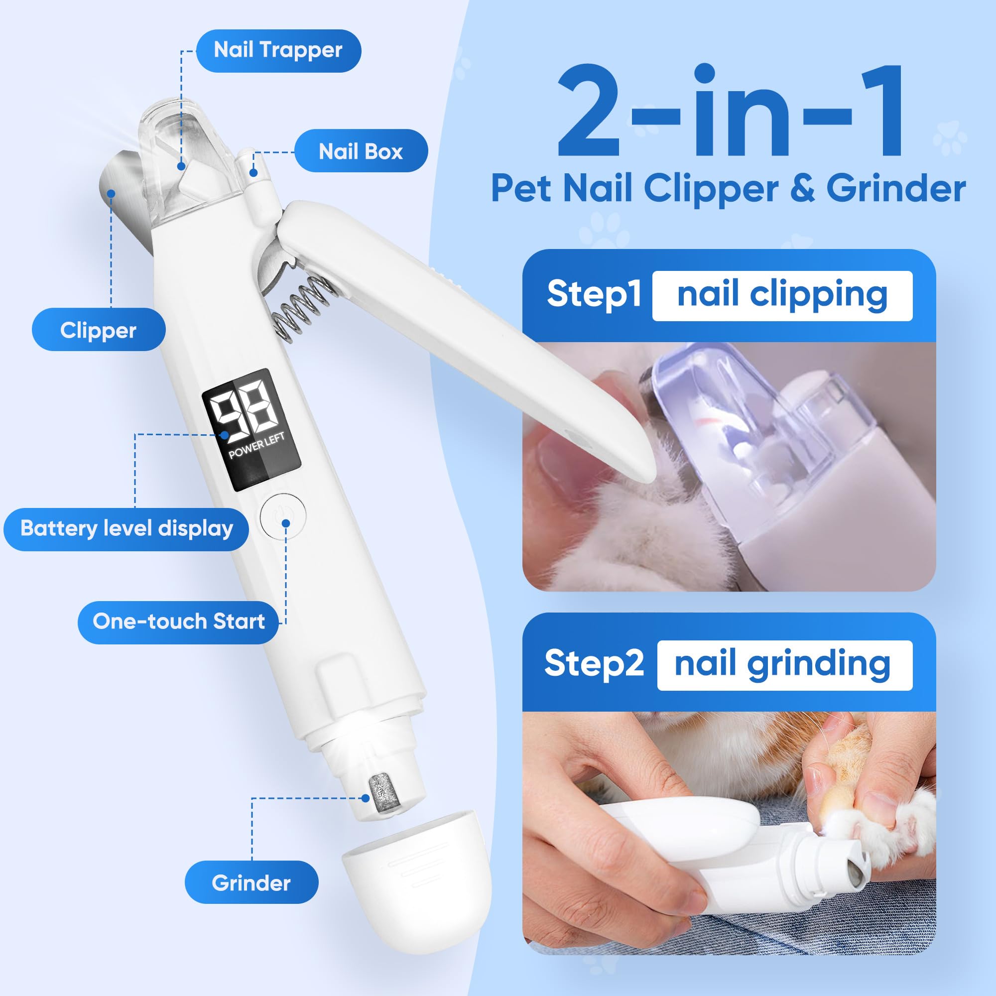 PETCHO Cortaúñas 2 en 1 para perros, amoladora eléctrica de uñas para perros grandes, medianos y pequeños, 2 luces LED, cortaúñas para gatos con pantalla de batería
