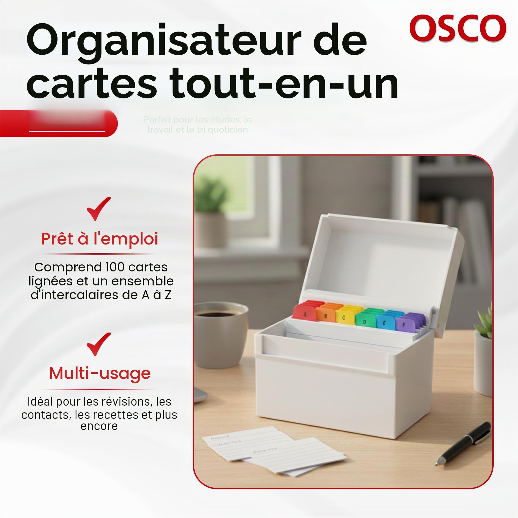 OSCO Boîte d'index en plastique blanc brillant A-Z 100 feuilles lignées 15,2 x 10,2 cm Cartes flash de révision