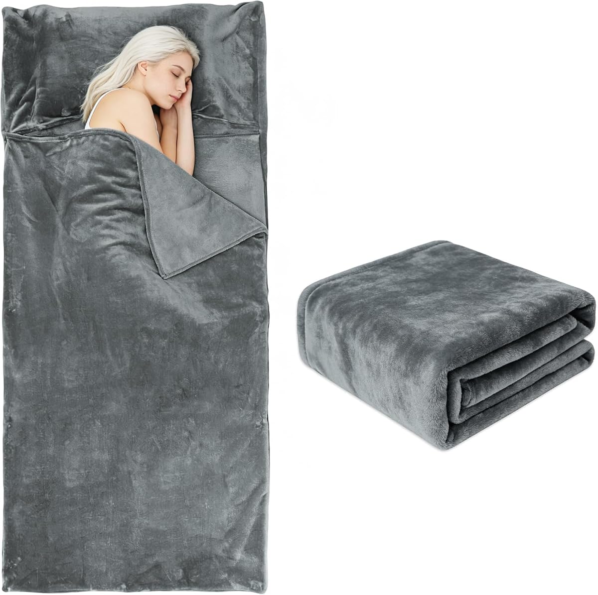 Flannel Sleeping Bag Liner for Adult, Soft Fluffy Adult Sleeping Sack with Zipper, Travel Camping in Warm Cold Weather, Thick Sleeping Bag Liner for Hotel Hiking Camping Indoor Outdoor Use