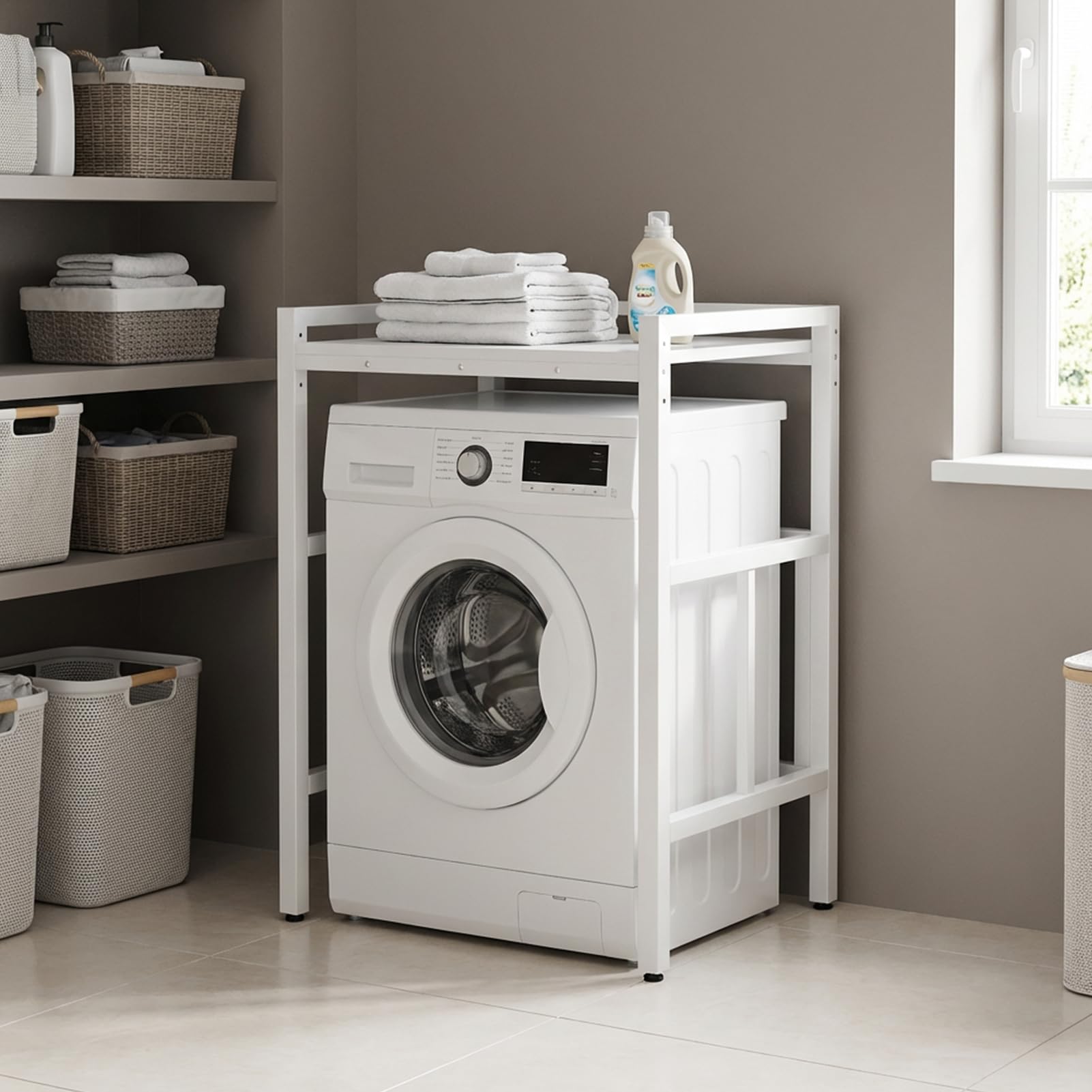 Fiakoais White Washer Dryer Stand Stacking Kit, Tumble Dryer Stacking Kit With Sliding Shelf Countertop, Space Saving, 200Kg Load Capacity, Washing Machine Storage Unit For Laundry Room (White) (White)