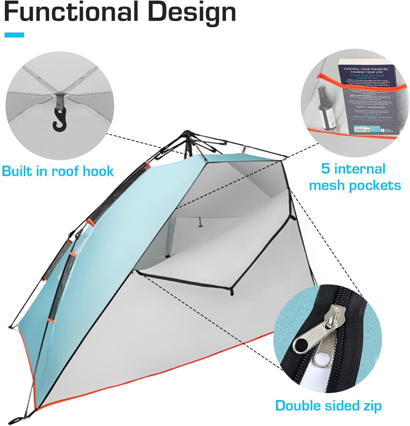 Active Era Pop Up Beach Tent – UPF 50+ UV Sun Protection Beach Shade Beach Tent Pop Up for Kids & Adults - 2 Person Sun Shelter with Carry Bag and Tent Stakes for Beach, Park, Camping