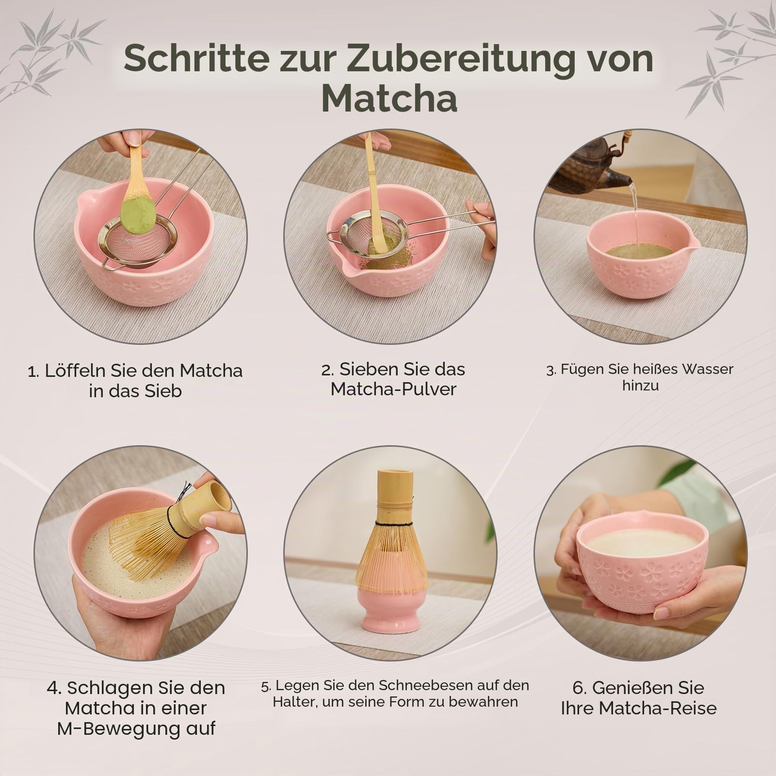 Matcha-Schneebesen-Set – traditioneller Bambus-Chasen mit Schüssel, komplettes Matcha-Tee-Zubereitungsset und Starterwerkzeuge für authentische japanische Zeremonie (Pink 01, 8-teiliges Set