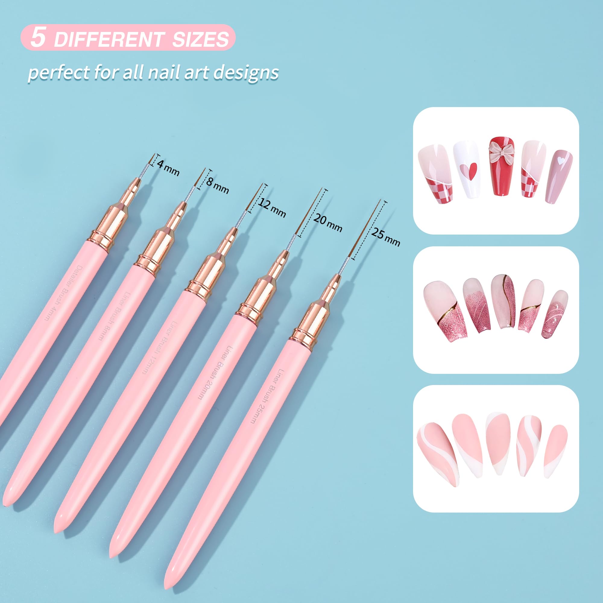 Pennelli per nail art, 5 pennelli per nail art, set di pennelli per disegnare e punteggiare le unghie, per linee lunghe, dettagli sottili, dimensioni 4/8/12/20/27 mm，rosa