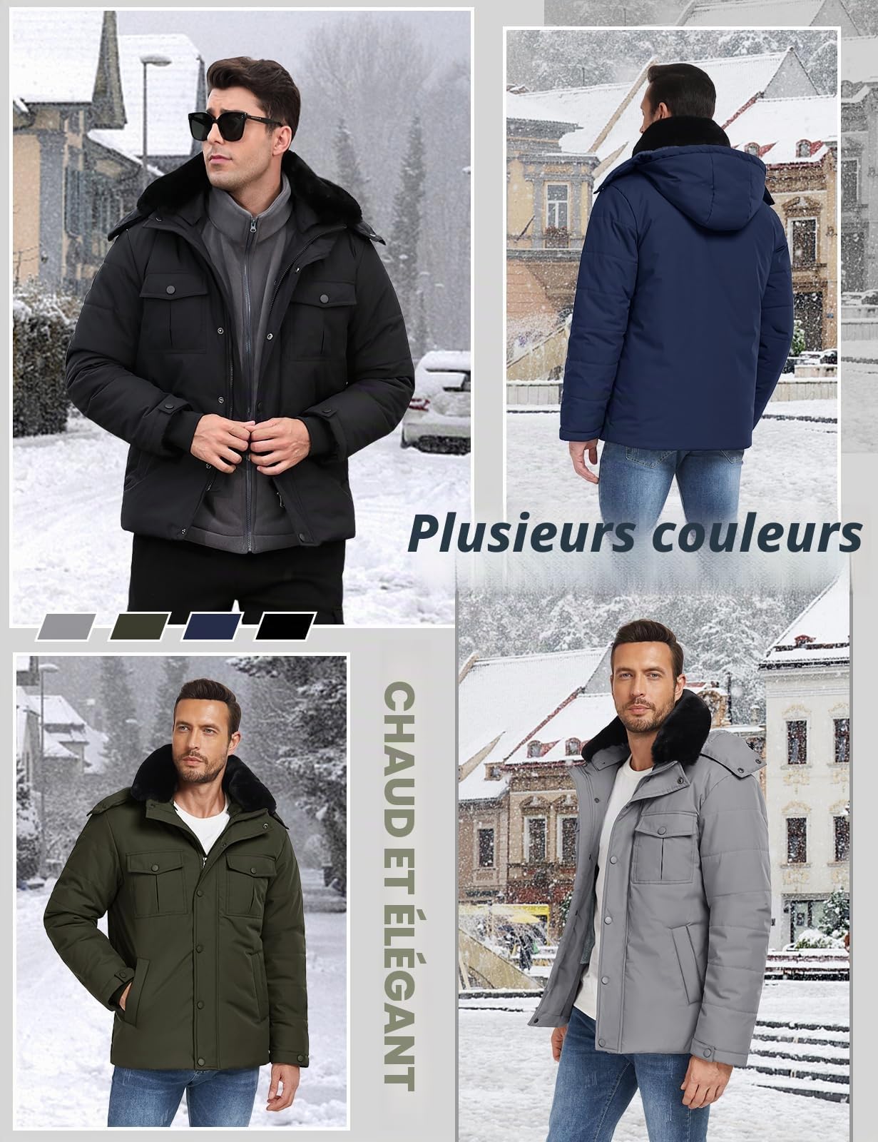 Tuopuda Homme Manteau d'hiver Chaud, Vestes Polaire Décontracté Parka Doublure Coupe Mince Manteaux Amovible Capuche Coupe-Vent Doudoune Zippé Épais Blouson Outercoat