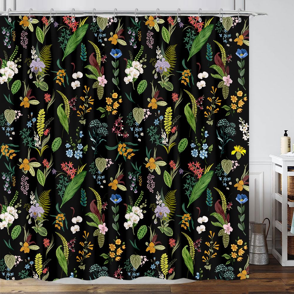 Vintage Botanical Boho Shower Curtain, Bright Abstract Bohemian Plant Flower Shower Curtain Set, Magical Garden Aesthetic Boho Chic Flowers Leaves