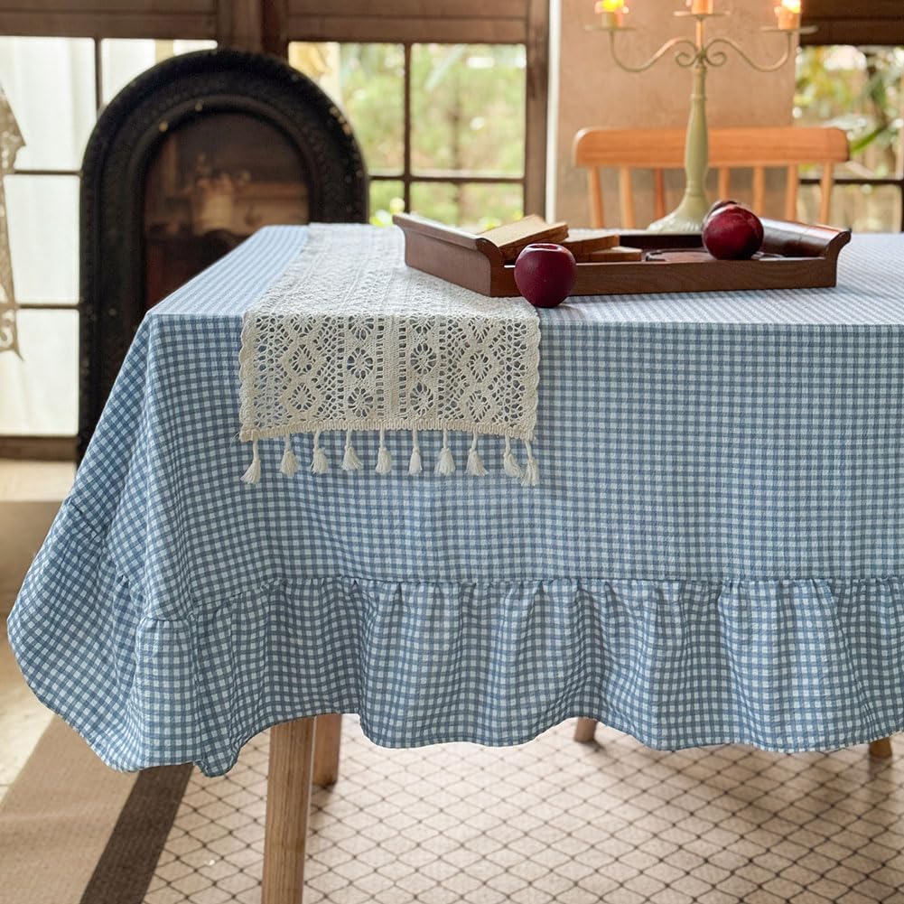 NSNLGSGC Light Blue Plaid Gingham Ruffled Tablecloth Rectangle 60"x84", Taupe Washed Cotton Blended Checkered Table Cover for Dining Room or Kitchen