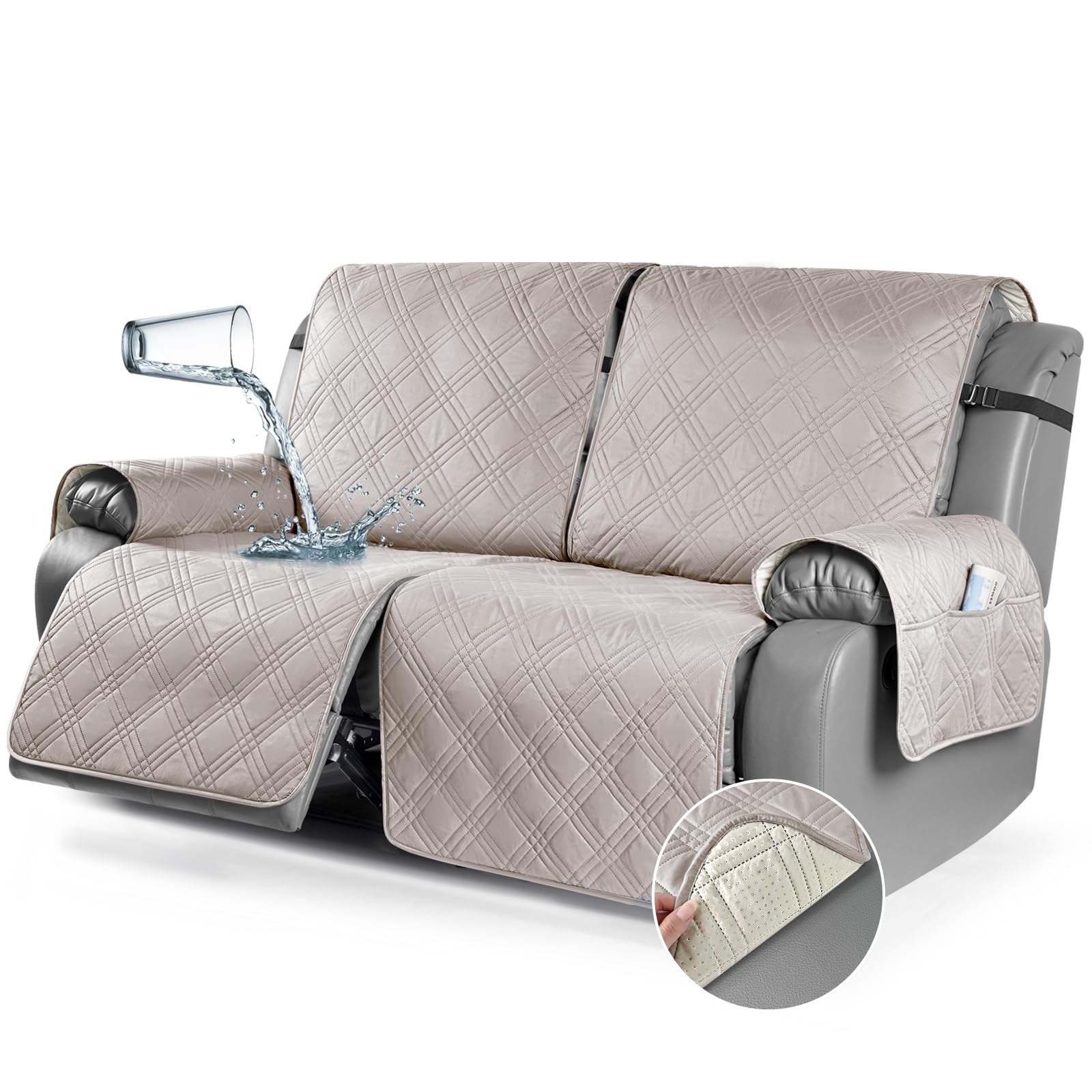 TAOCOCO 100% Waterproof Oversized Loveseat Recliner Cover, Non Slip Split Loveseat Covers for Reclining Loveseat with Elastic Straps for Kids Pets(Oversized 2 Seater, Cream)