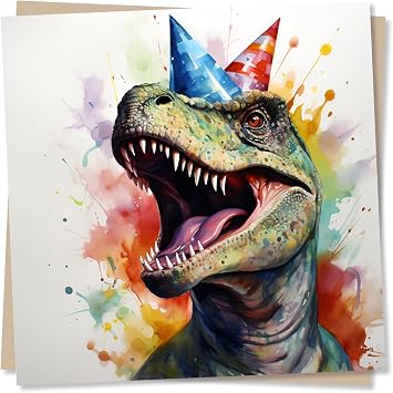 Stunning Dinosaur Happy Birthday Card - Multicolour Blank Party Hat T Rex Greetings Card - Made in UK