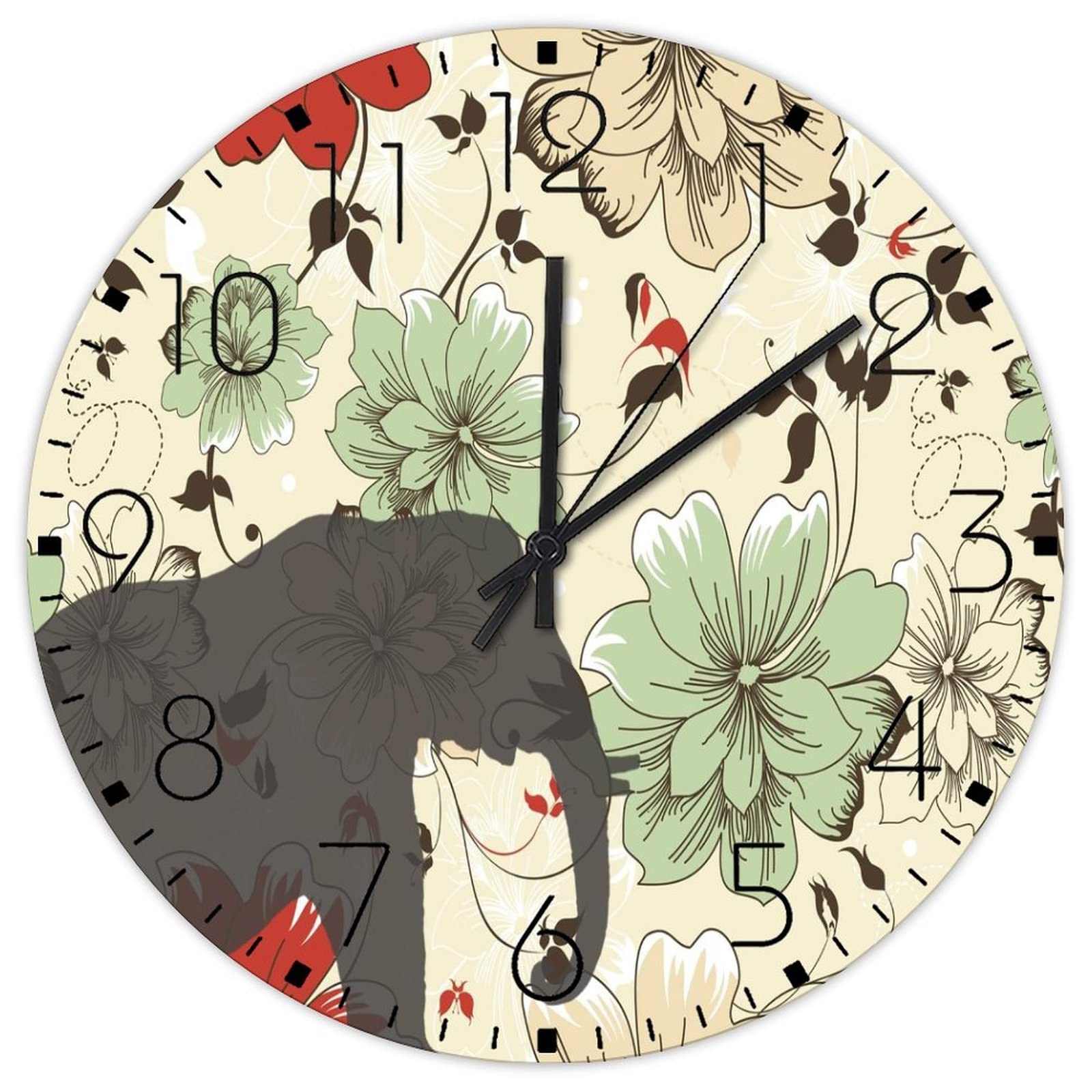 Horloge murale en bois aquarelle éléphant vintage et silencieuse