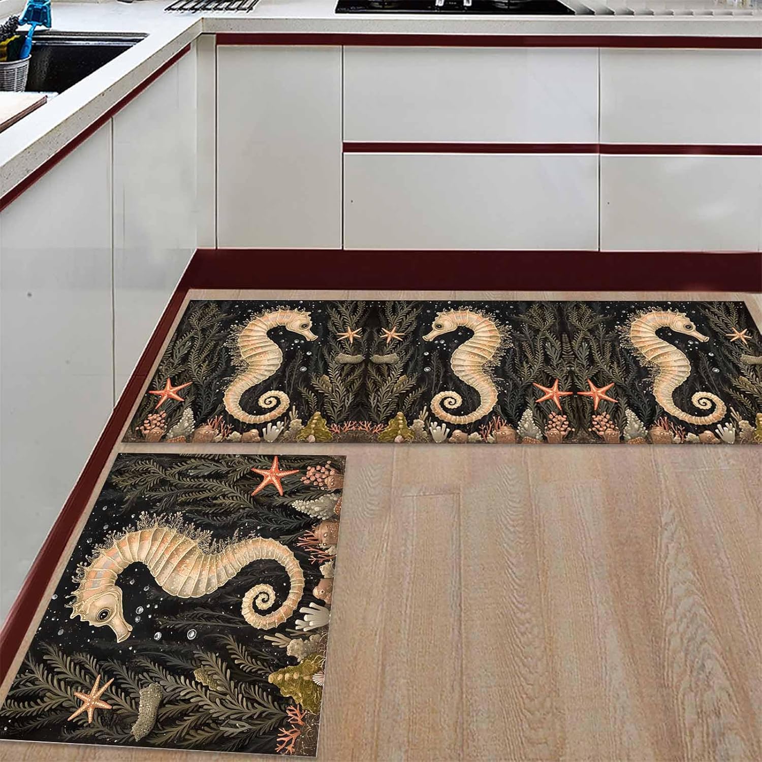 2 Pieces Kitchen Rugs and Mats,Marine Seahorse Starfish Coral Area Runner Rug Set Non Slip Floor Doormat Washable Carpet Standing Mat for Kitchen Sink Indoor Corridor,Vintage Underwater World