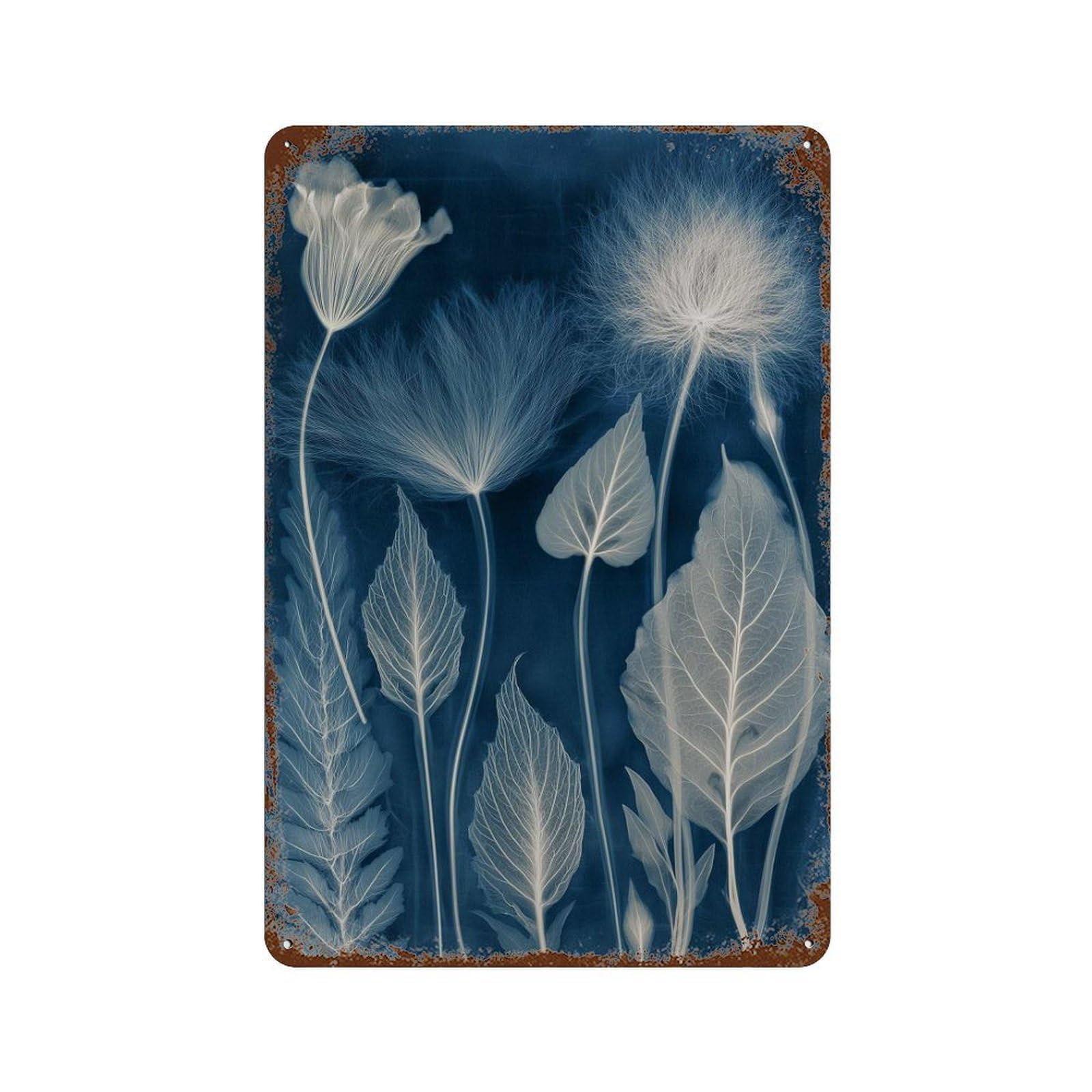 xiaoxiaoshen Botanical Cyanotype Blue And White Nature Plant Minimalist Leaves Flowers Wall Decor Art Metal Tin Poster Modern Home Decor Art Home Bar Shop Decorations Vintage Sign 30x20cm
