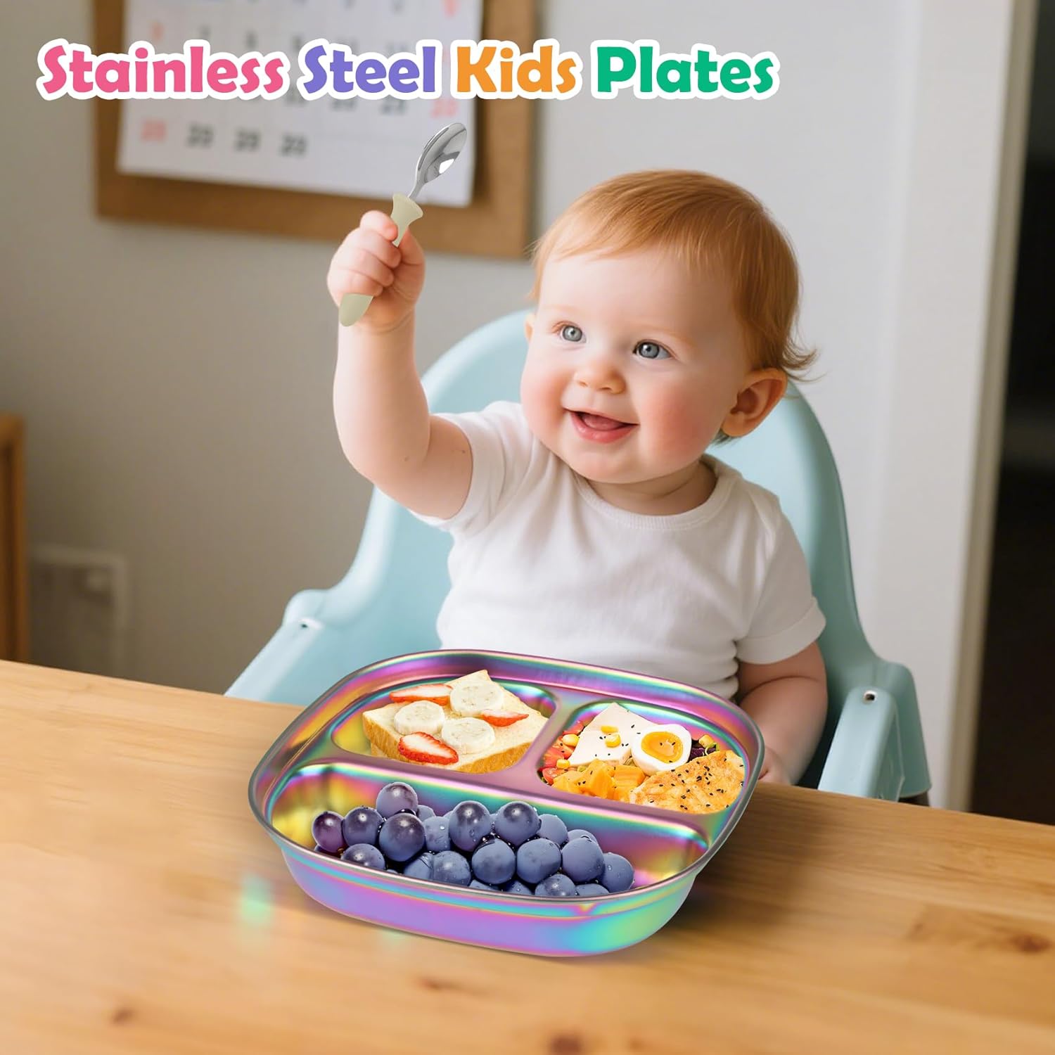 3Pack Stainless Steel Kids Plates, Kids Toddlers Babies Tray, Balanced Bites Divided Plates for Toddlers, BPA Free, Portion Control Plate, Dinner Snack, 3 Compartment Plate - Image 5
