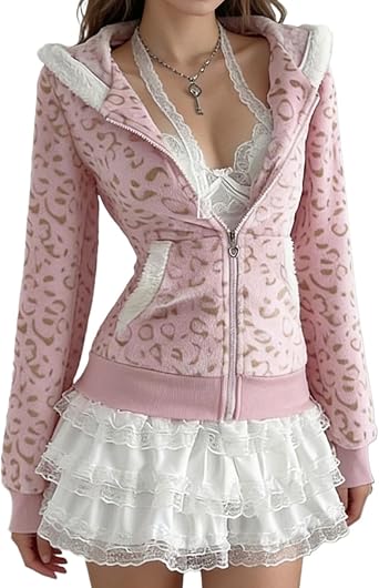Cheetah Print Fleece Hoodie Winter Whimsy Twee 2000s Y2k Fairy Grunge Zip up Sherpa Hoodie Kawaii Cutecore Jacket
