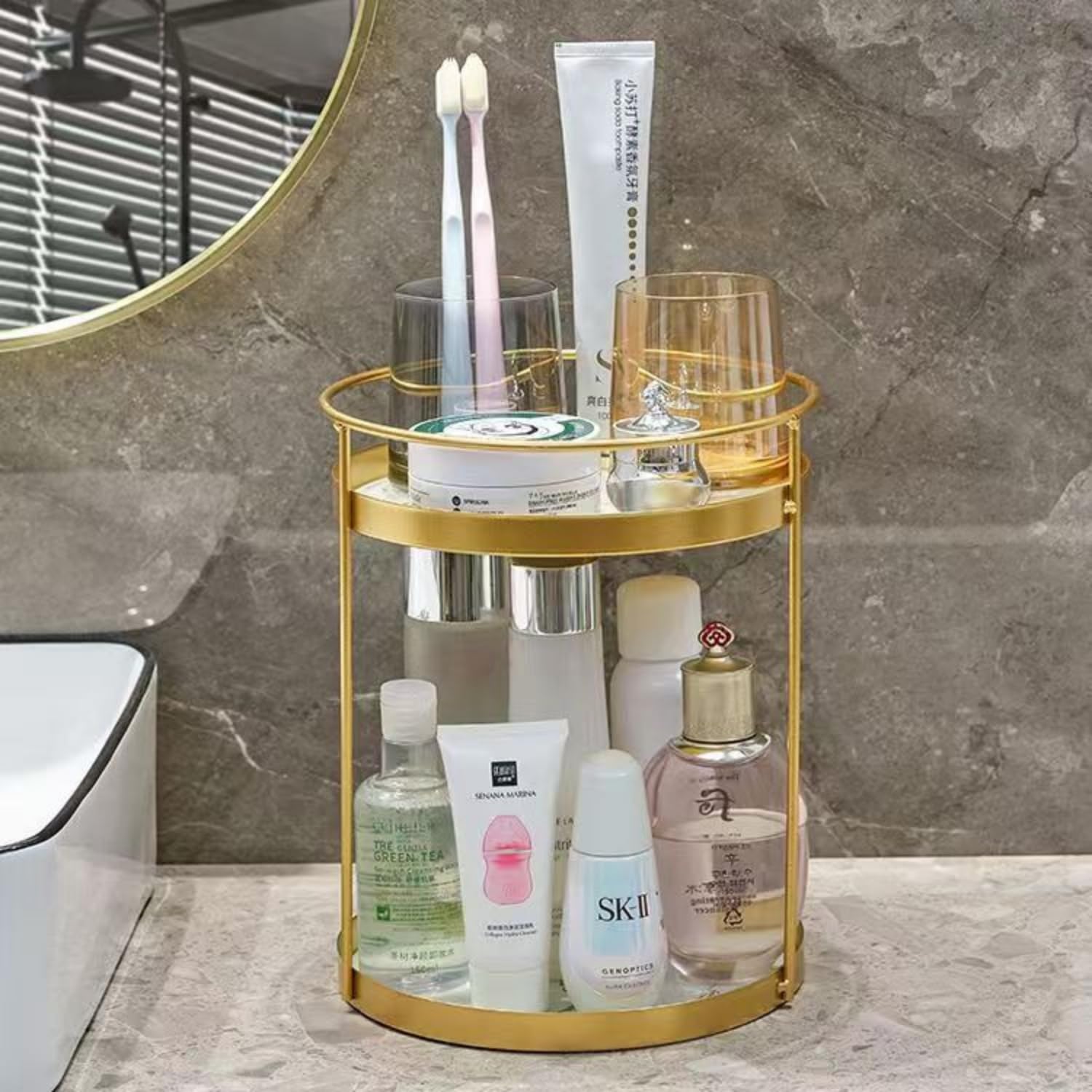 Metal Makeup Organizer for Vanity,Gold Perfume Organizer for Dresser- 2 Tier,Bathroom Countertop Skincare Organizer, Makeup Counter Shelf Perfume Holder Rack,Cosmetic Display Case (Gold, 2 Tier)