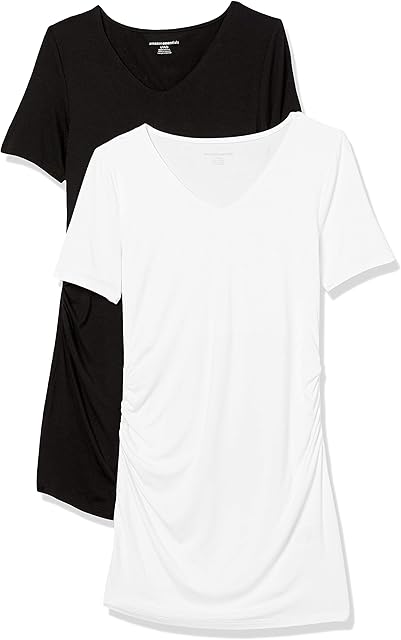 Amazon Essentials Women's Maternity Short-Sleeve Rouched V-Neck T-Shirt, Pack of 2