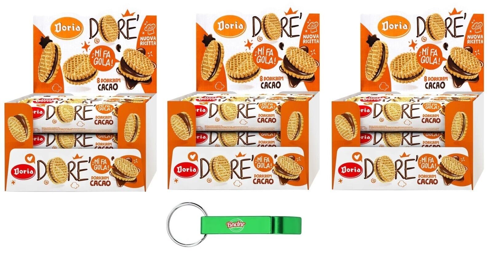 Doria Dore' Frollini con Ripieno al Cacao, biscotti di pasta frolla con crema al Cacao, 3 Confezioni Multipack BOX 20x75g + Portachiavi Beni Culinari in Omaggio