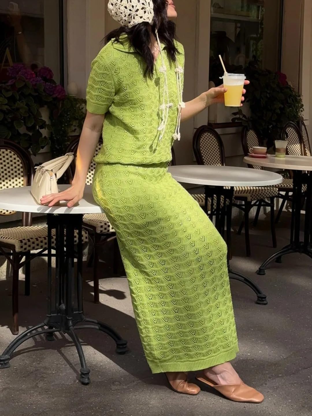 Women Leisure Knitted Hollow Out Lapel Short-Sleeved Long Skirt Suit (Green,Small)