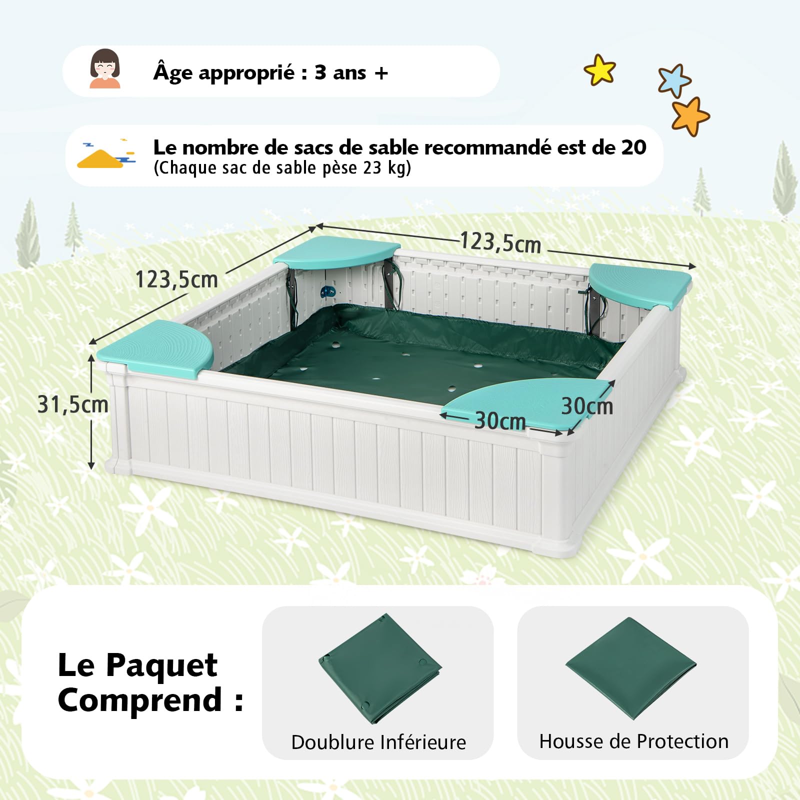 COSTWAY Bac à Sable Enfant Extérieur en HDPE avec 4 Bancs, Bac à Sable avec Couvercle en Tissu et Doublure, Charge 50kg de Chaque Banc, Jeux Extérieur pour Jardin Terrasse Cour, 3 Ans+ (Blanc)