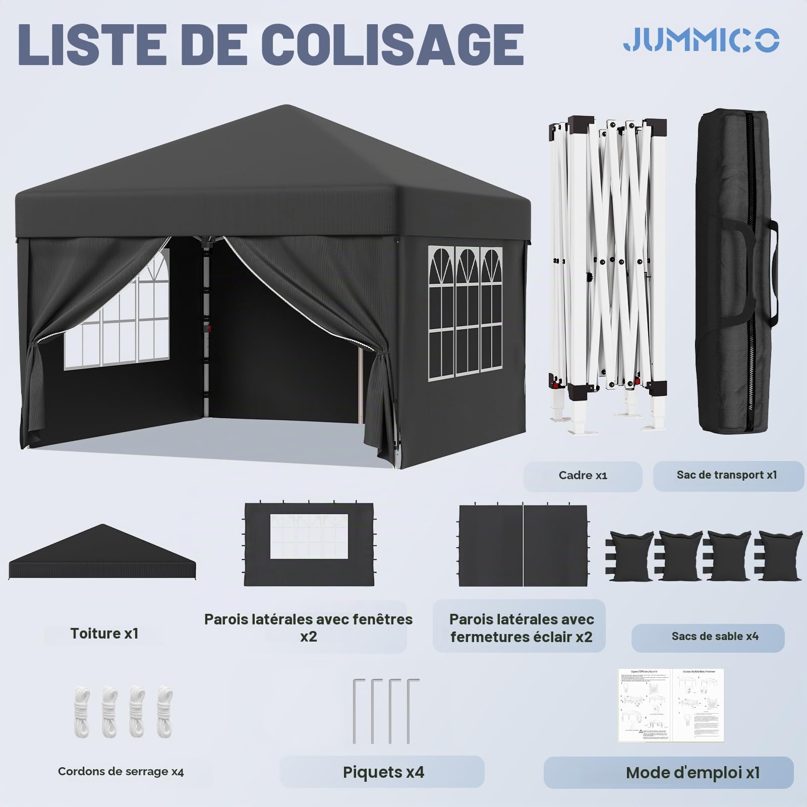 JUMMICO Tonnelle Pavillon Pliable 3x3m à Montage Rapide｜Assemblage en 5 Minutes｜Hauteur Réglable & 10cm Plus Haut｜Stable au Vent & Imperméable｜pour Jardin, Camping & Fêtes Gris
