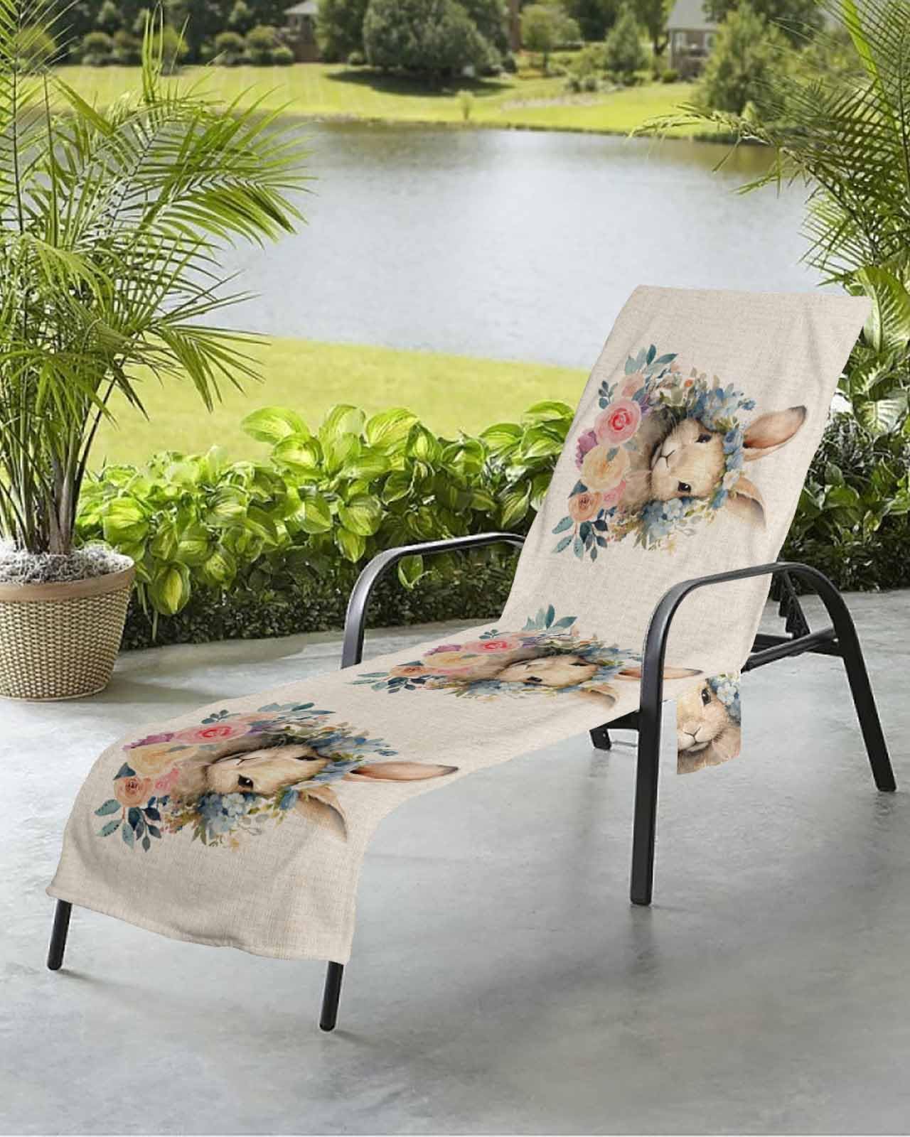 Easter Bunny Beach Chair Towel Covers for Chaise Lounge with Side Pocket, Soft Plush Pool Towels Cover for Patio Sunbathing Outdoor 29''x85'' Easter Rabbits Farmhouse Country Floral Beige