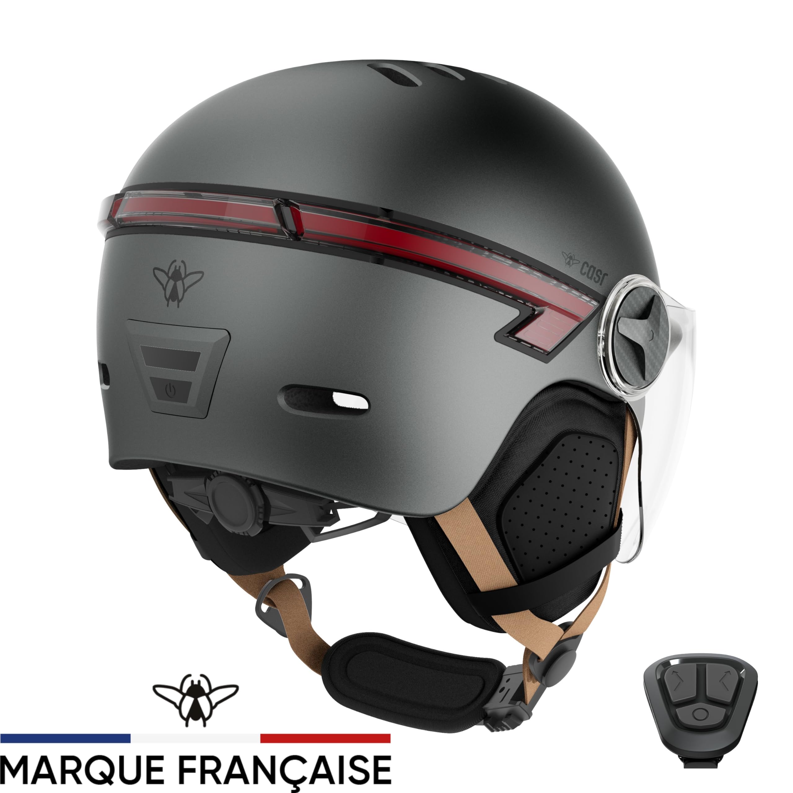 CASR Glow Casque LED Vélo Trottinette Visière XL Cache-Oreilles Amovibles Clignotants Télécommande Gris Taille L