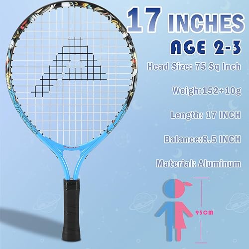 Vista 5 de Raqueta de tenis para niños y niñas de 2 a 12 años, raqueta de tenis juvenil multicolor y estilo para principiantes, incluye bolsa de nailon 420D