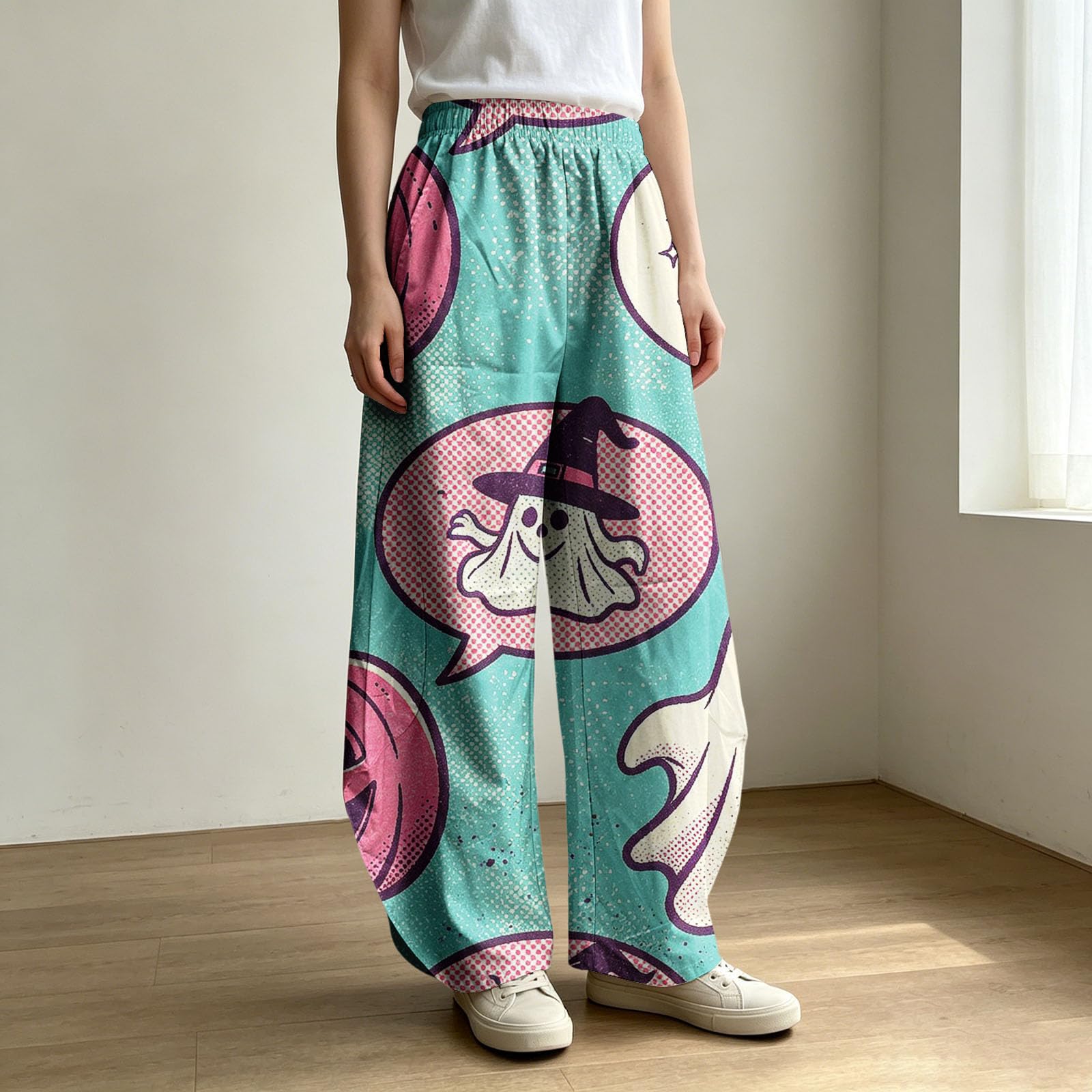 Generisch Pantalon d'été pour femme, léger et aéré, avec imprimé Halloween, carnaval, loisirs, avec poches, pantalon en tissu confortable, taille élastique, pantalon de plage ample pour vacances