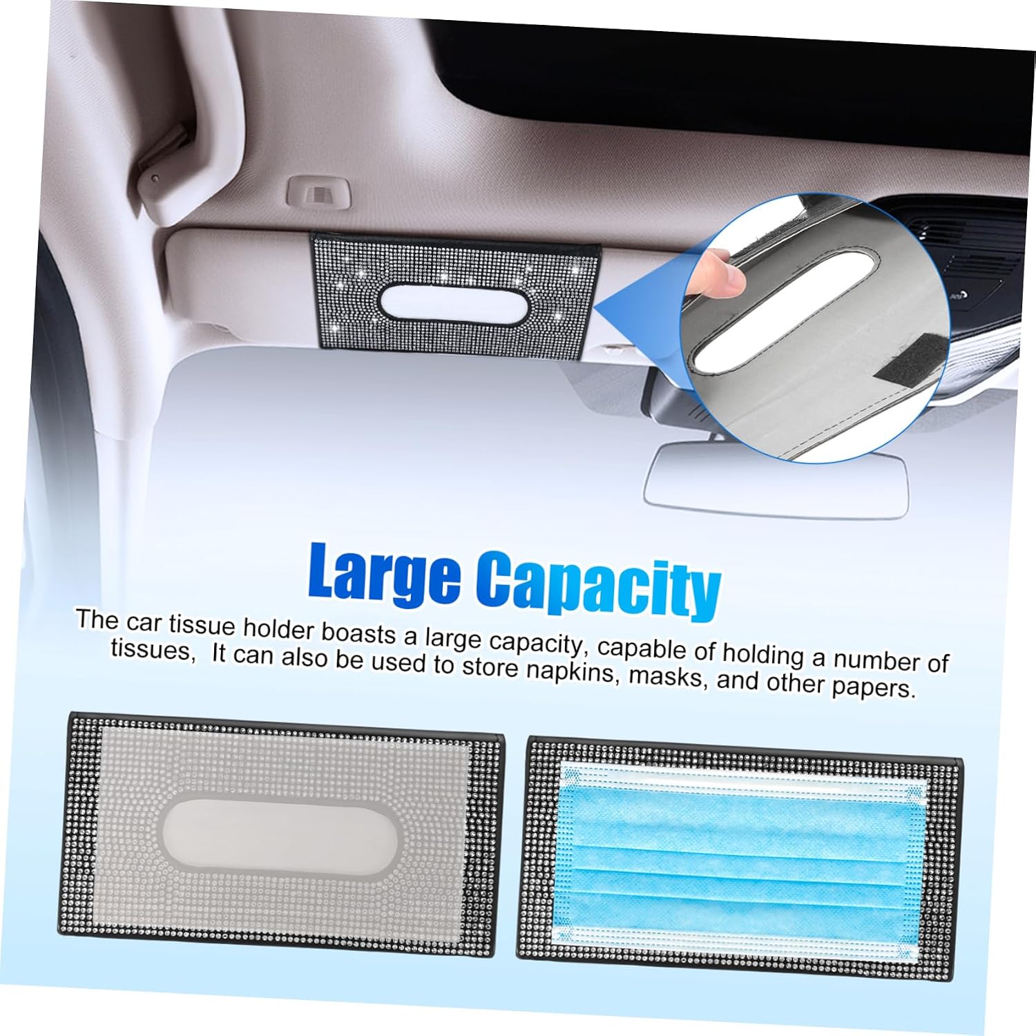 Black Rhinestone Leather Car Visor Tissue Holder with Large Capacity image 3