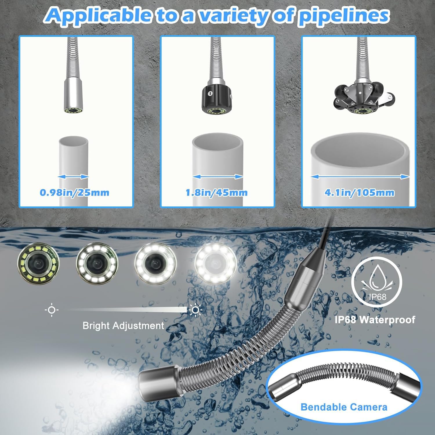 Telecamera per tubi di drenaggio 40M, ispezione fognaria con localizzatore, autolivellante, trasmettitore 512Hz, impermeabile IP68, telecamera endoscopica con 12 luci LED
