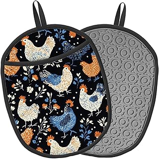 Pot Holders 2 Pack Silicone, Cotton Lining, Heat Resistant to 500°F (260°C), Non-Slip Grip, 7.5"x9.4" Oval Kitchen Hot Pads for Oven, Cooking (Rooster Flower, Potholders)