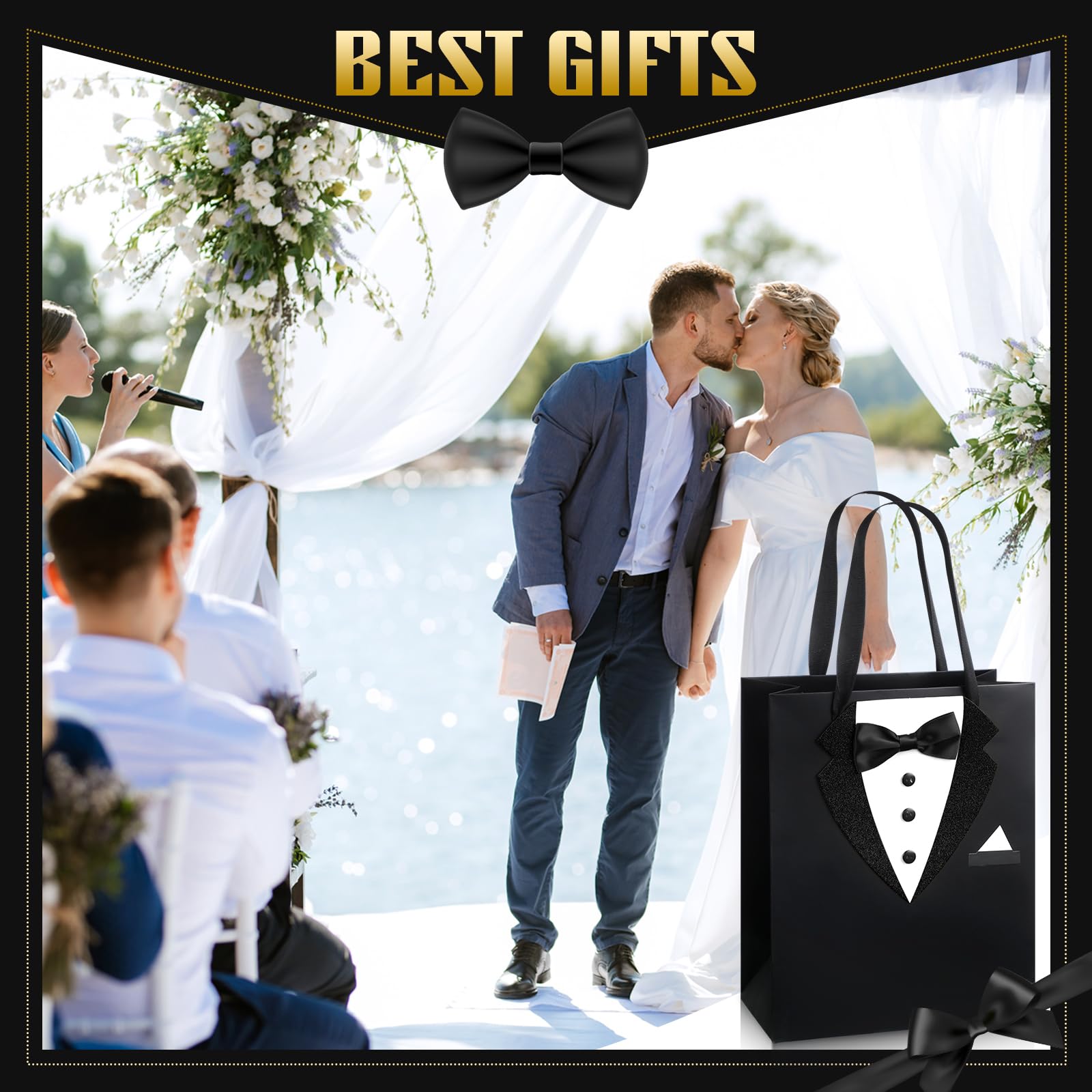 Chuangdi 8 Pcs Groomsmen Gift Bags with 3D Tuxedo Design 8 x 4.5 x 10 Inch with Handle Groomsmen Paper Gift Bags for Wedding Bachelor Birthday Party Favor Anniversary Supplies (Black)